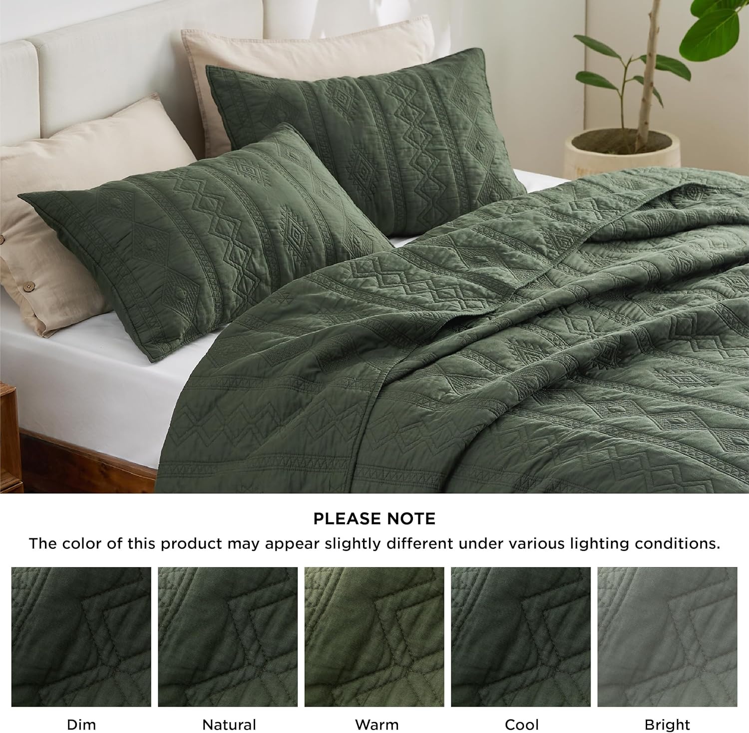 image:imageBedsure PureWoven 100 Cotton Quilt Set King Bedspread Dusty Blue Lightweight Breathable Coverlet amp 2 Pillow Shams 3Piece Geometric Bedding Set AllSeason Machine Washable 106x96 in01 Olive Green Tribal Geometry