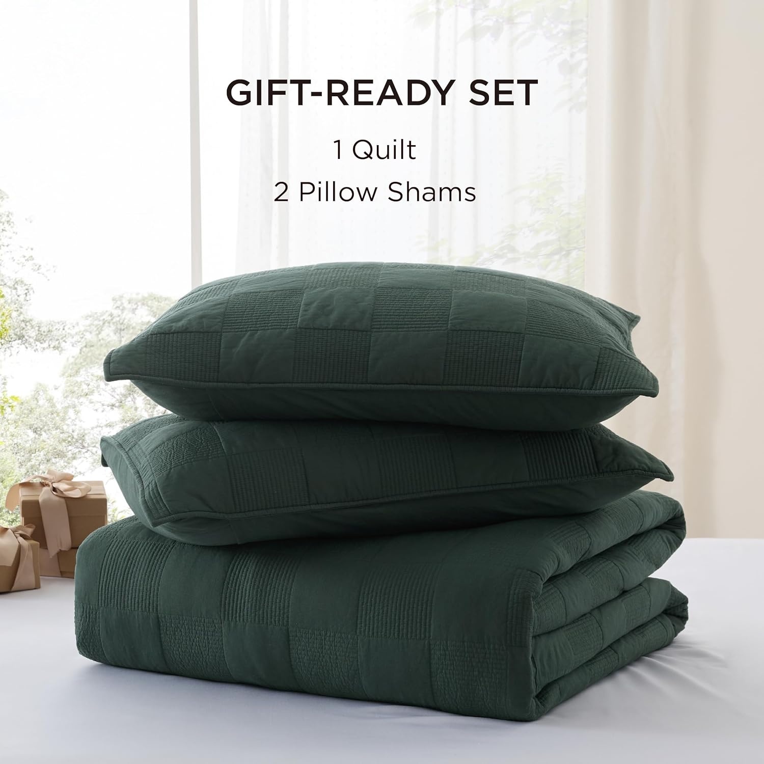 image:imageBedsure PureWoven 100 Cotton Quilt Set King Bedspread Dusty Blue Lightweight Breathable Coverlet amp 2 Pillow Shams 3Piece Geometric Bedding Set AllSeason Machine Washable 106x96 in11 Dark Green Checker