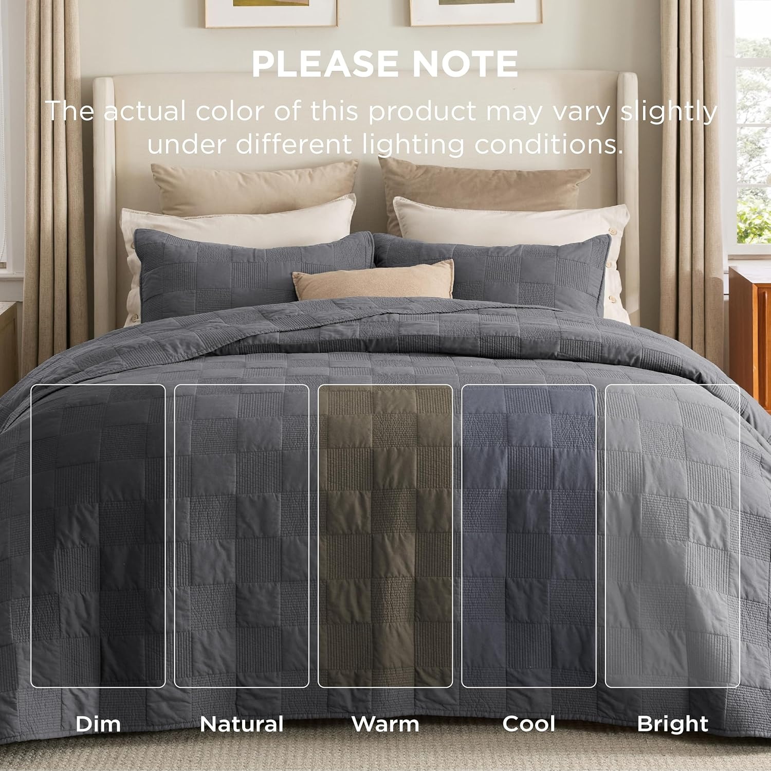 image:imageBedsure PureWoven 100 Cotton Quilt Set King Bedspread Dusty Blue Lightweight Breathable Coverlet amp 2 Pillow Shams 3Piece Geometric Bedding Set AllSeason Machine Washable 106x96 in12 Grey Checker
