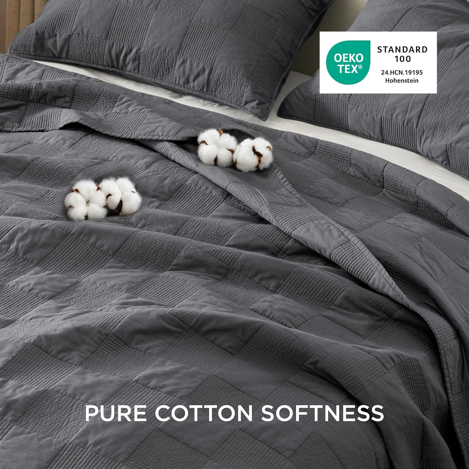 image:imageBedsure PureWoven 100 Cotton Quilt Set King Bedspread Dusty Blue Lightweight Breathable Coverlet amp 2 Pillow Shams 3Piece Geometric Bedding Set AllSeason Machine Washable 106x96 in12 Grey Checker