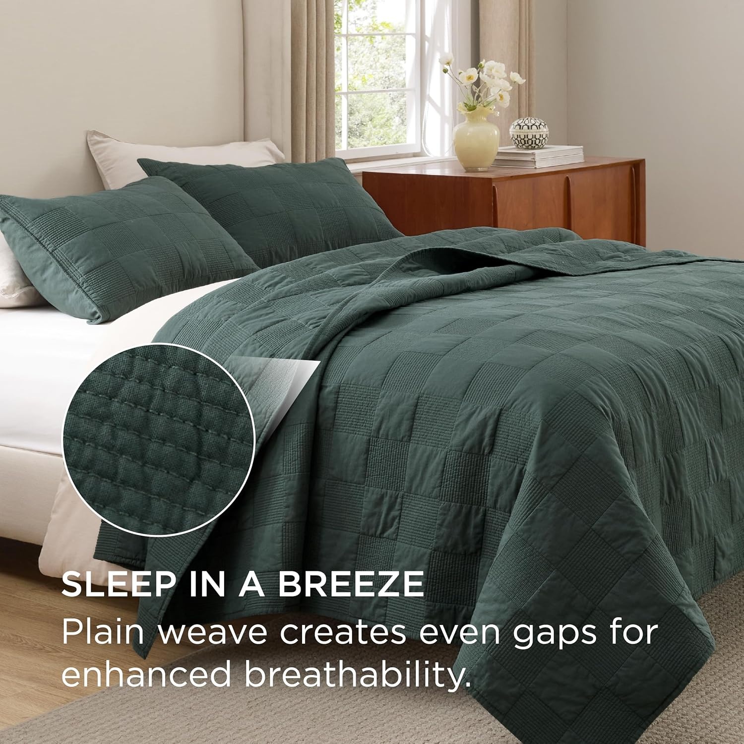 image:imageBedsure PureWoven 100 Cotton Quilt Set King Bedspread Dusty Blue Lightweight Breathable Coverlet amp 2 Pillow Shams 3Piece Geometric Bedding Set AllSeason Machine Washable 106x96 in11 Dark Green Checker