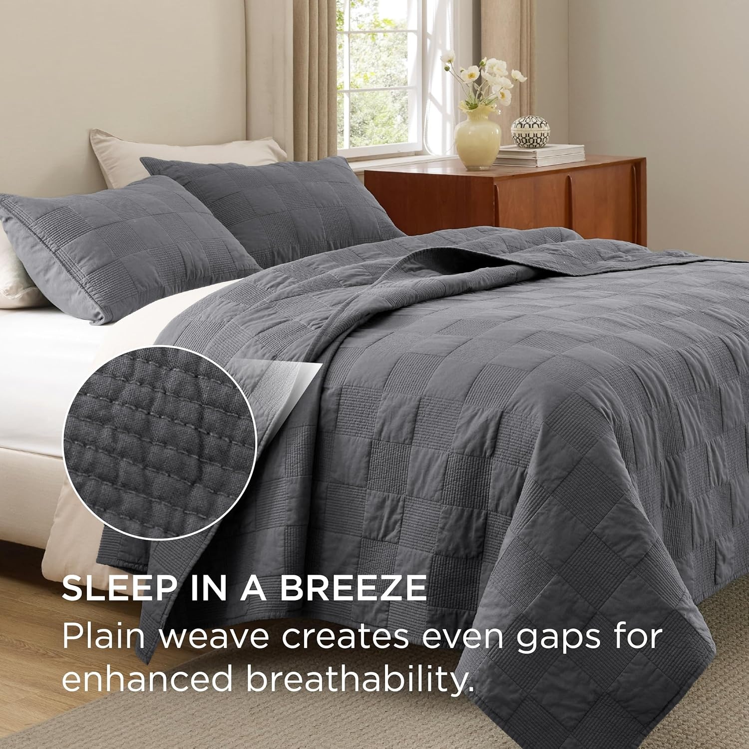 image:imageBedsure PureWoven 100 Cotton Quilt Set King Bedspread Dusty Blue Lightweight Breathable Coverlet amp 2 Pillow Shams 3Piece Geometric Bedding Set AllSeason Machine Washable 106x96 in12 Grey Checker