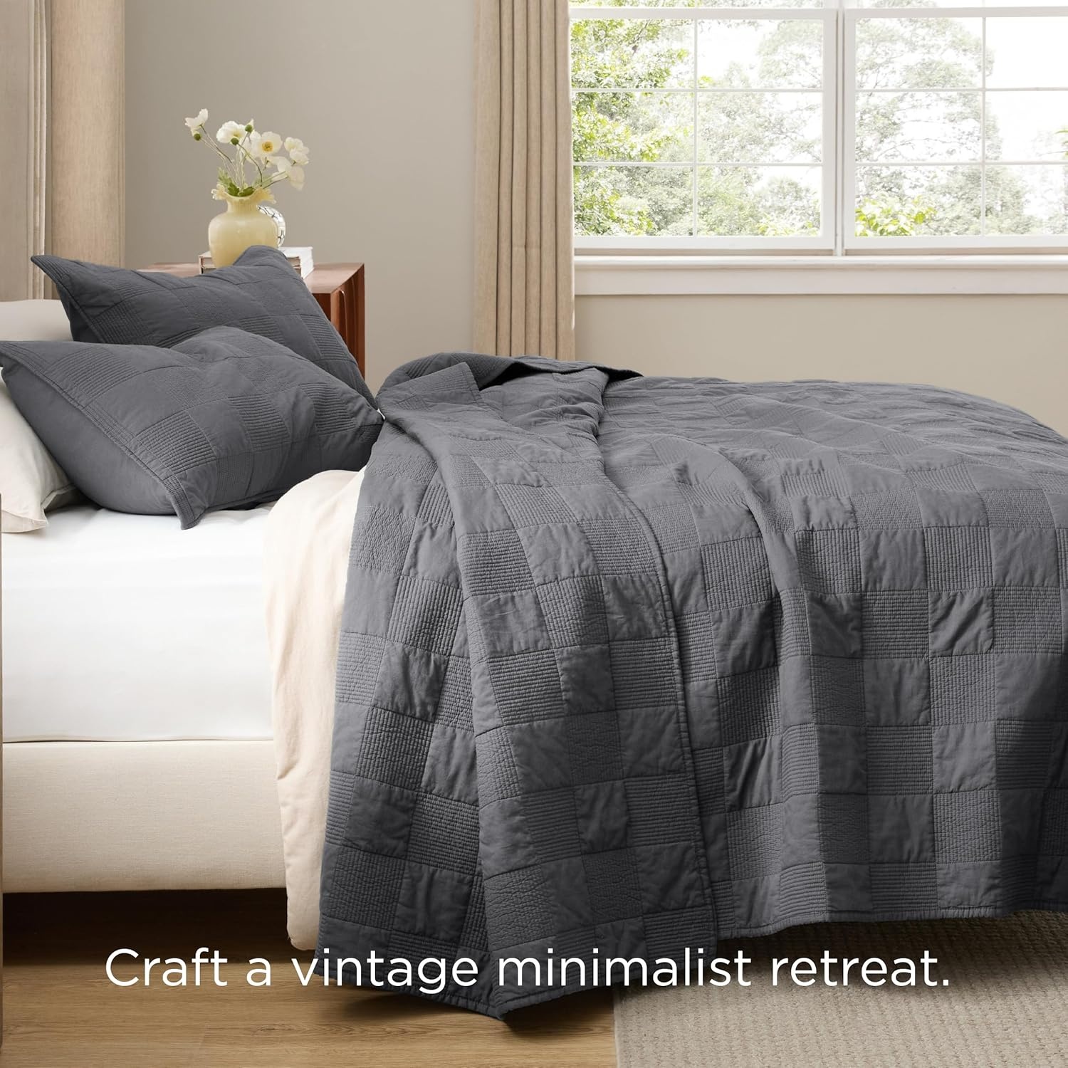 image:imageBedsure PureWoven 100 Cotton Quilt Set King Bedspread Dusty Blue Lightweight Breathable Coverlet amp 2 Pillow Shams 3Piece Geometric Bedding Set AllSeason Machine Washable 106x96 in12 Grey Checker