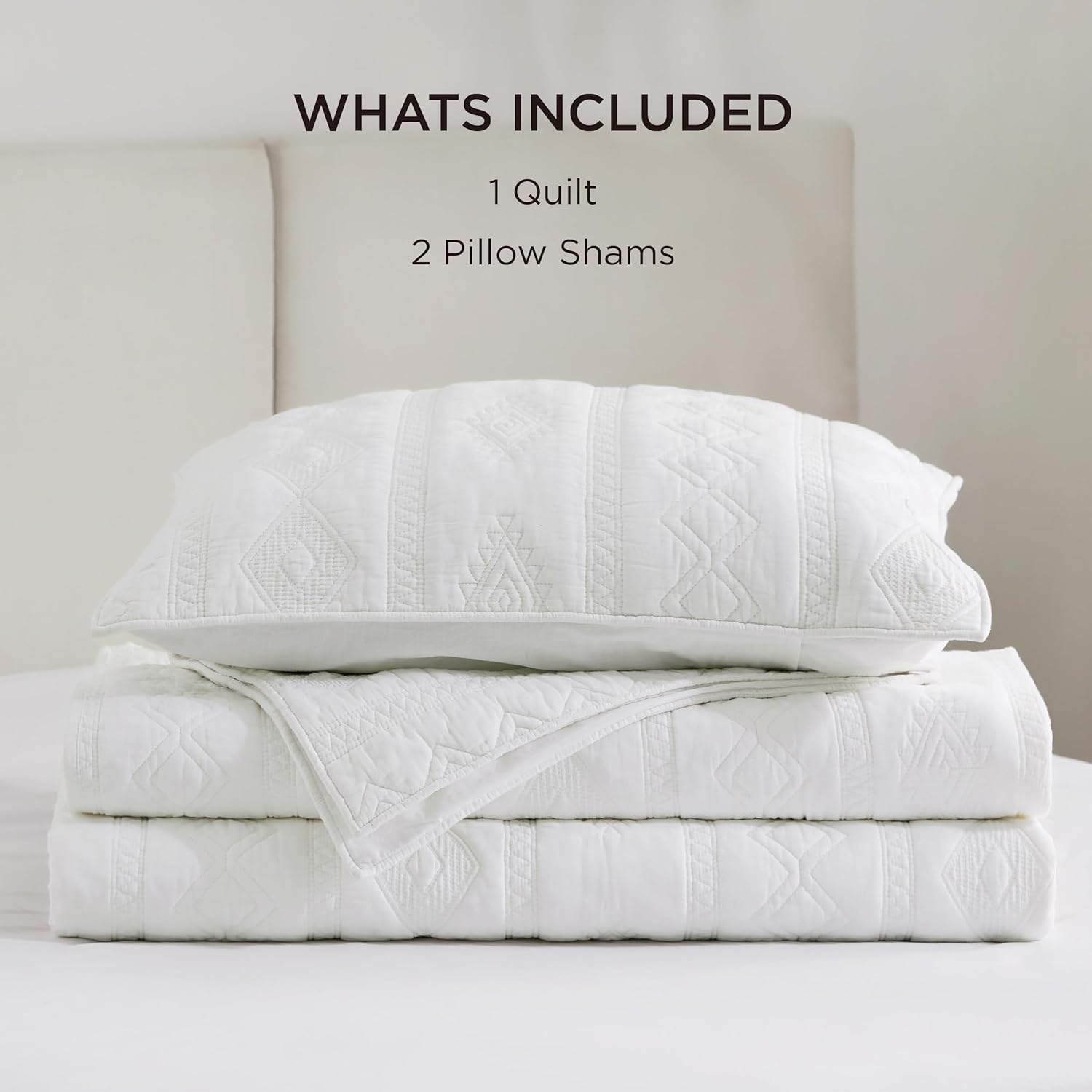 image:imageBedsure PureWoven 100 Cotton Quilt Set King Bedspread Dusty Blue Lightweight Breathable Coverlet amp 2 Pillow Shams 3Piece Geometric Bedding Set AllSeason Machine Washable 106x96 in02 White Tribal Geometry