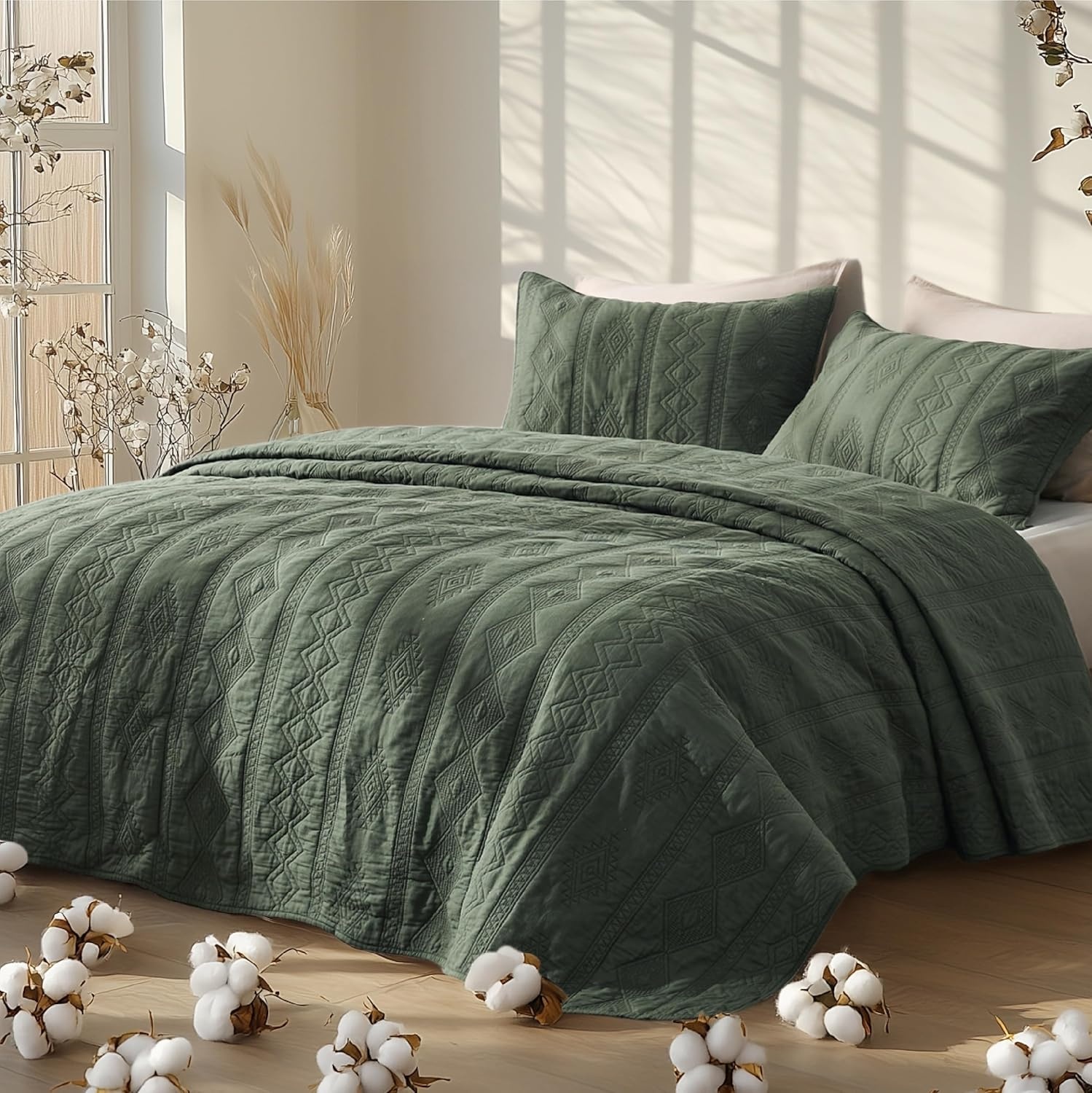 image:imageBedsure PureWoven 100 Cotton Quilt Set King Bedspread Dusty Blue Lightweight Breathable Coverlet amp 2 Pillow Shams 3Piece Geometric Bedding Set AllSeason Machine Washable 106x96 in01 Olive Green Tribal Geometry