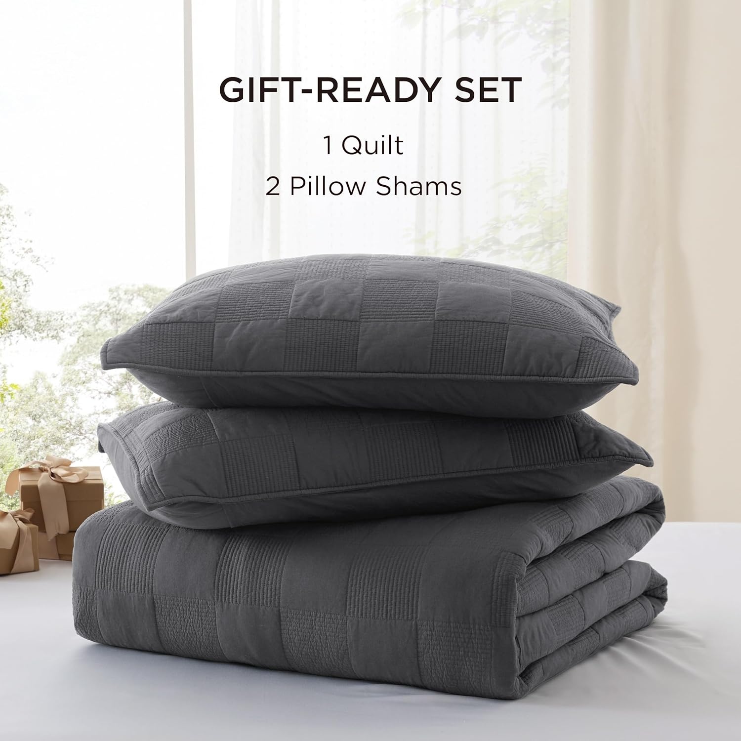 image:imageBedsure PureWoven 100 Cotton Quilt Set King Bedspread Dusty Blue Lightweight Breathable Coverlet amp 2 Pillow Shams 3Piece Geometric Bedding Set AllSeason Machine Washable 106x96 in12 Grey Checker