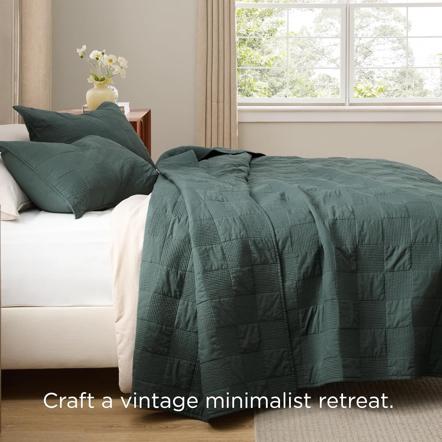 image:imageBedsure PureWoven 100 Cotton Quilt Set King Bedspread Dusty Blue Lightweight Breathable Coverlet amp 2 Pillow Shams 3Piece Geometric Bedding Set AllSeason Machine Washable 106x96 in11 Dark Green Checker