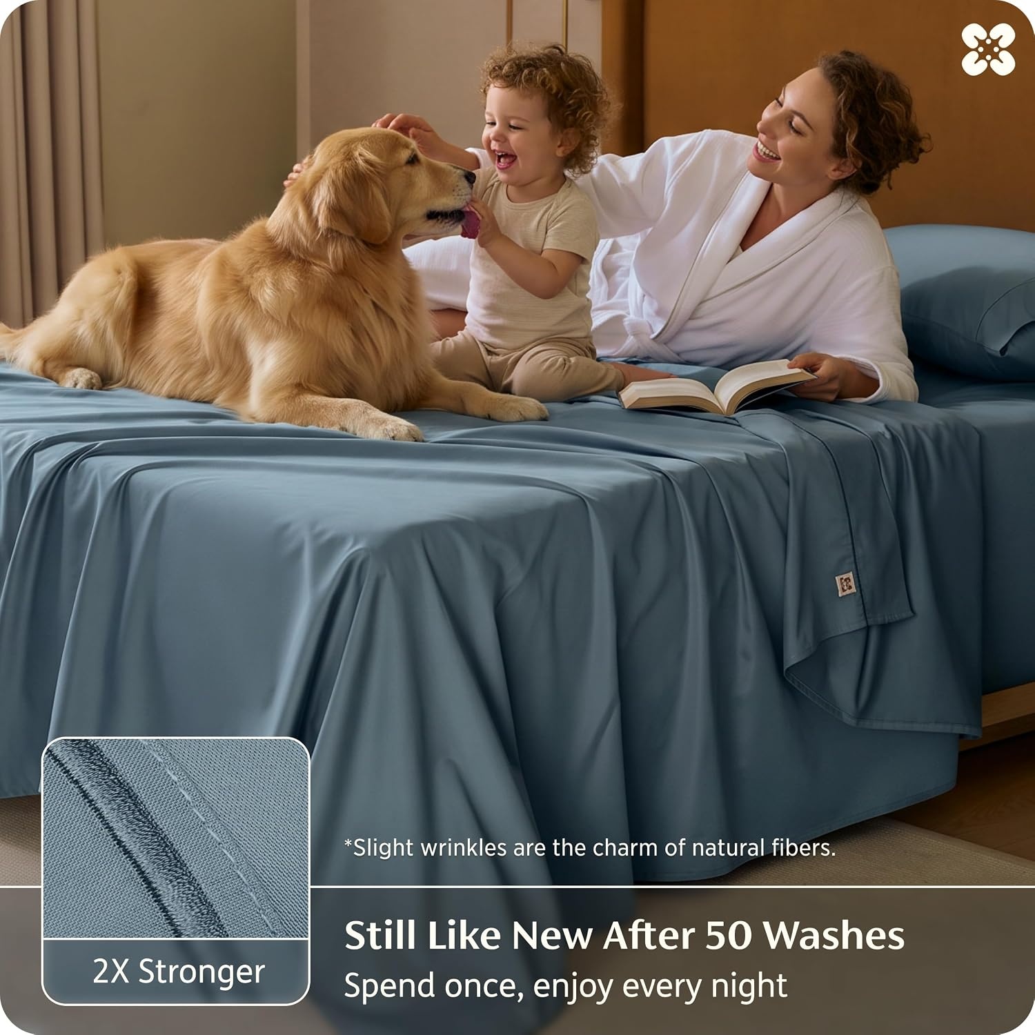 image:imageBedsure PureWoven 100 Giza Egyptian Cotton King Sheets CEA amp BV Certified 18 Deep Pocket Sateen Sheets with Corner Straps Durable amp AllSeason Breathable Hotel Luxury OekoTex Giftable WhiteDusty Blue