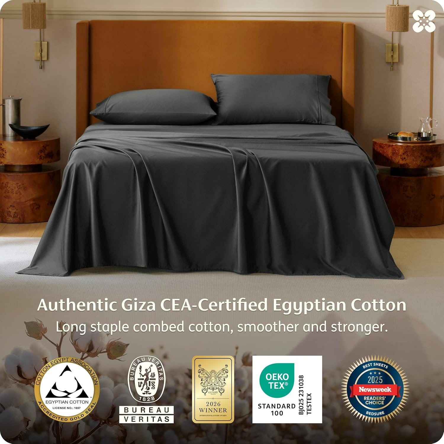 image:imageBedsure PureWoven 100 Giza Egyptian Cotton King Sheets CEA amp BV Certified 18 Deep Pocket Sateen Sheets with Corner Straps Durable amp AllSeason Breathable Hotel Luxury OekoTex Giftable WhiteGrey