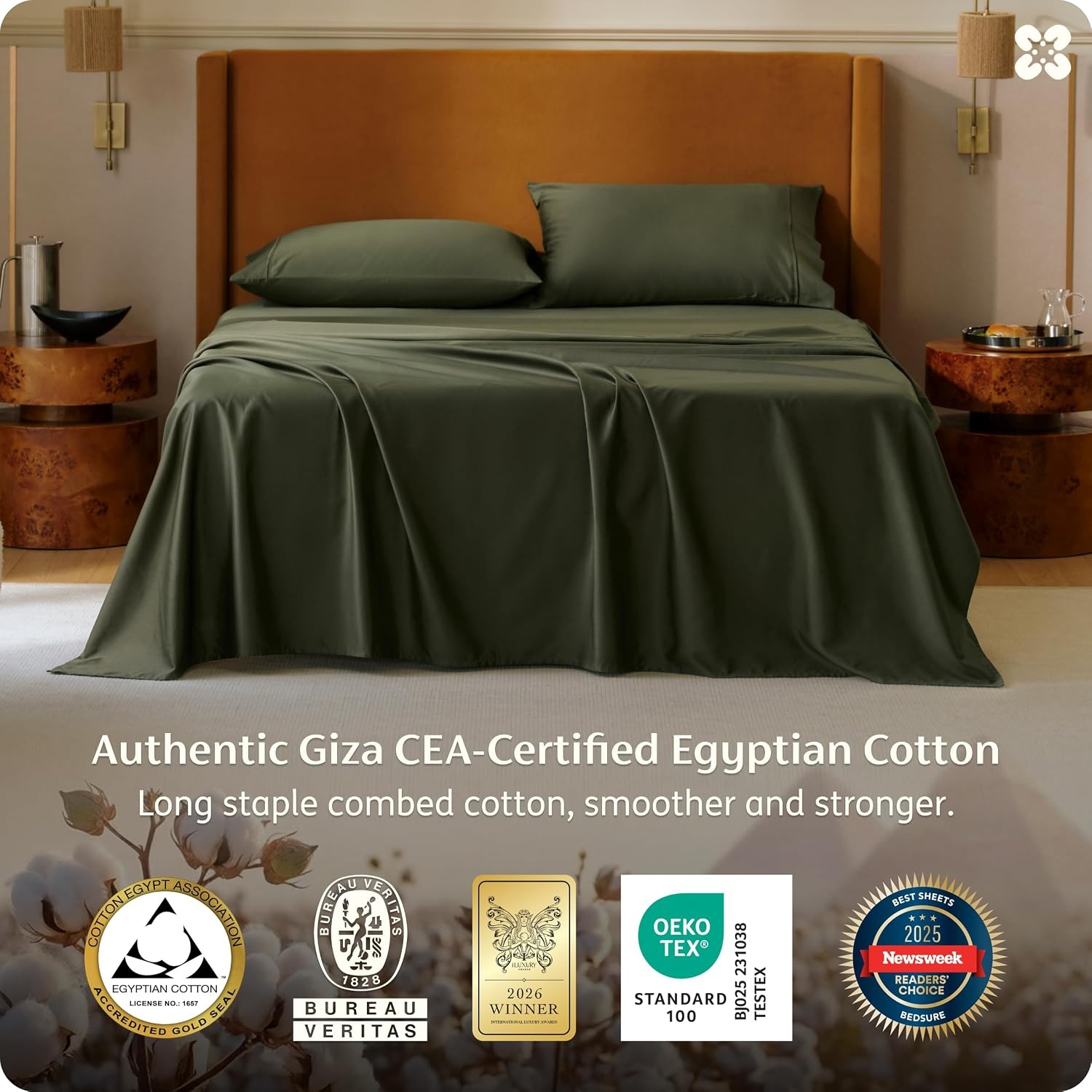 image:imageBedsure PureWoven 100 Giza Egyptian Cotton King Sheets CEA amp BV Certified 18 Deep Pocket Sateen Sheets with Corner Straps Durable amp AllSeason Breathable Hotel Luxury OekoTex Giftable WhiteOlive Green
