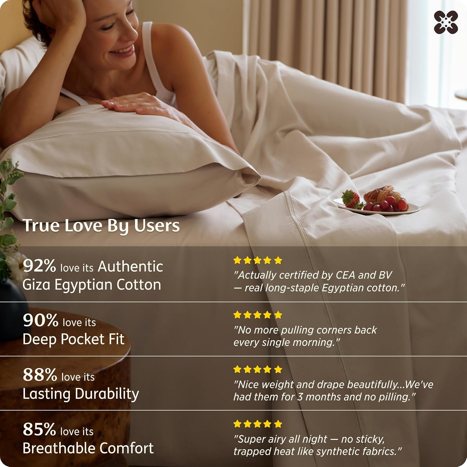image:imageBedsure PureWoven 100 Giza Egyptian Cotton Queen Sheet CEA amp BV Certified 18 Deep Pocket Sateen Sheets with Corner Straps Durable amp AllSeason Breathable Hotel Luxury OekoTex Giftable BeigeBeige