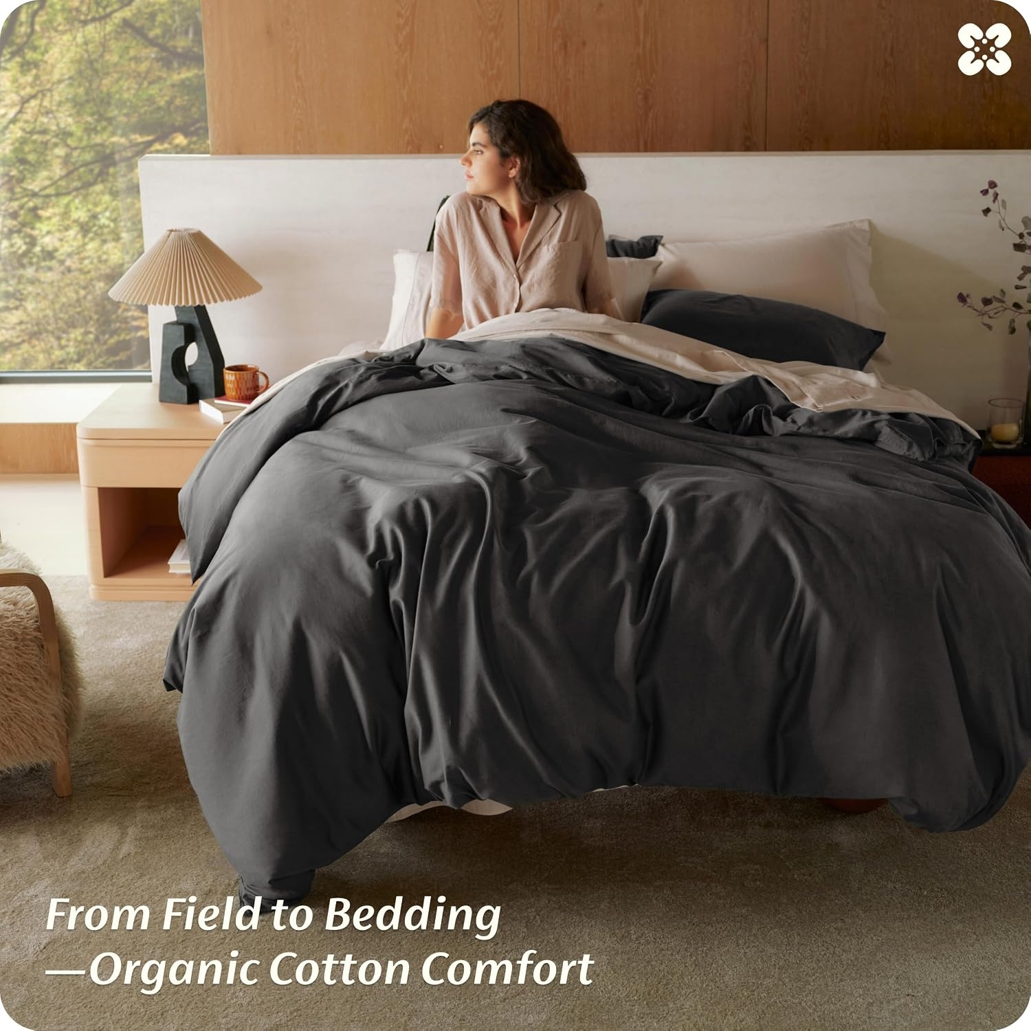 image:imageBedsure PureWoven 100 Organic Cotton Queen Duvet Cover Set Ivory GOTS Certified Luxury Zipper Closure UltraSoft Breathable 2 Pillow Shams Included 8 Ties for Sensitive Skins 90x90Dark Gray No Comforter