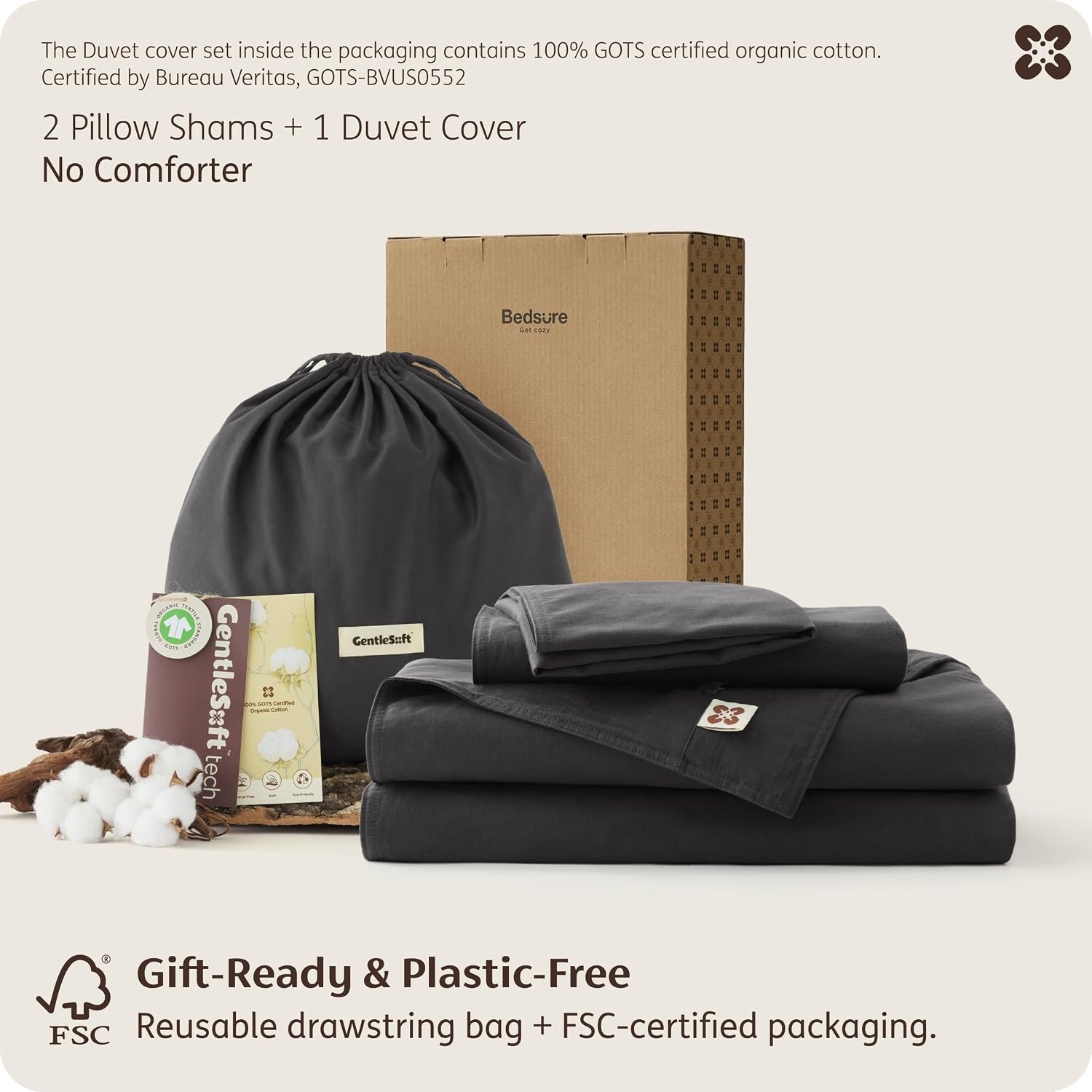 image:imageBedsure PureWoven 100 Organic Cotton Queen Duvet Cover Set Ivory GOTS Certified Luxury Zipper Closure UltraSoft Breathable 2 Pillow Shams Included 8 Ties for Sensitive Skins 90x90Dark Gray No Comforter