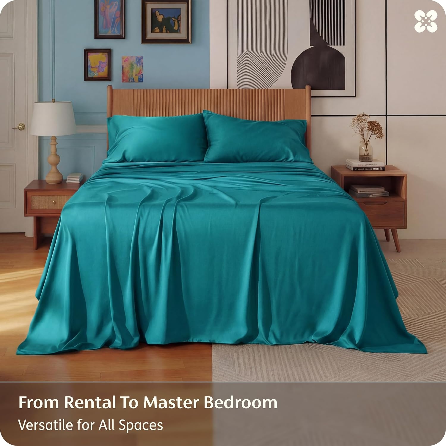 image:imageBedsure PureWoven 100 Rayon Derived from Bamboo Queen Sheets 4 Pieces Cooling Sheets for Hot Sleepers Breathable amp Silky Soft 16 Deep Pocket Hotel Luxury Bedding White18 Turquoise