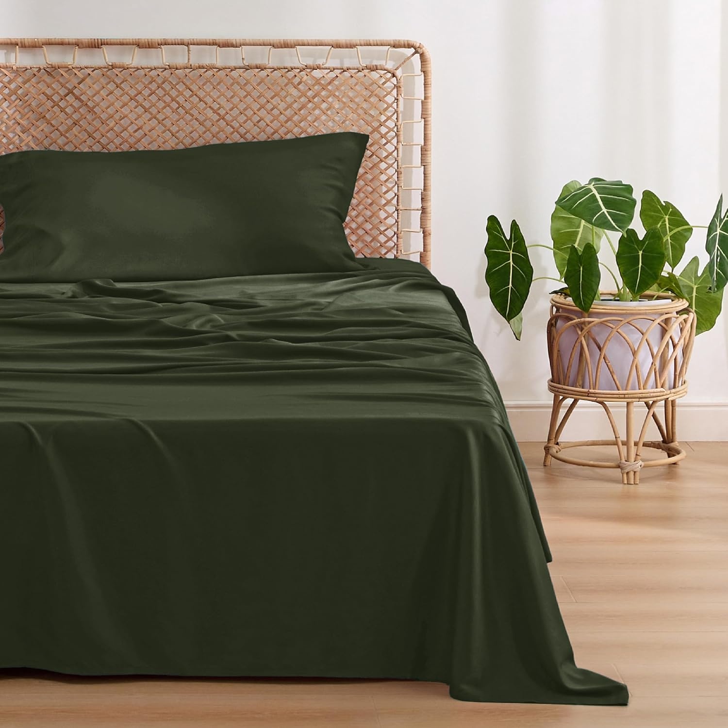 image:imageBedsure PureWoven 100 Rayon Derived from Bamboo Queen Sheets 4 Pieces Cooling Sheets for Hot Sleepers Breathable amp Silky Soft 16 Deep Pocket Hotel Luxury Bedding White22 Olive Green