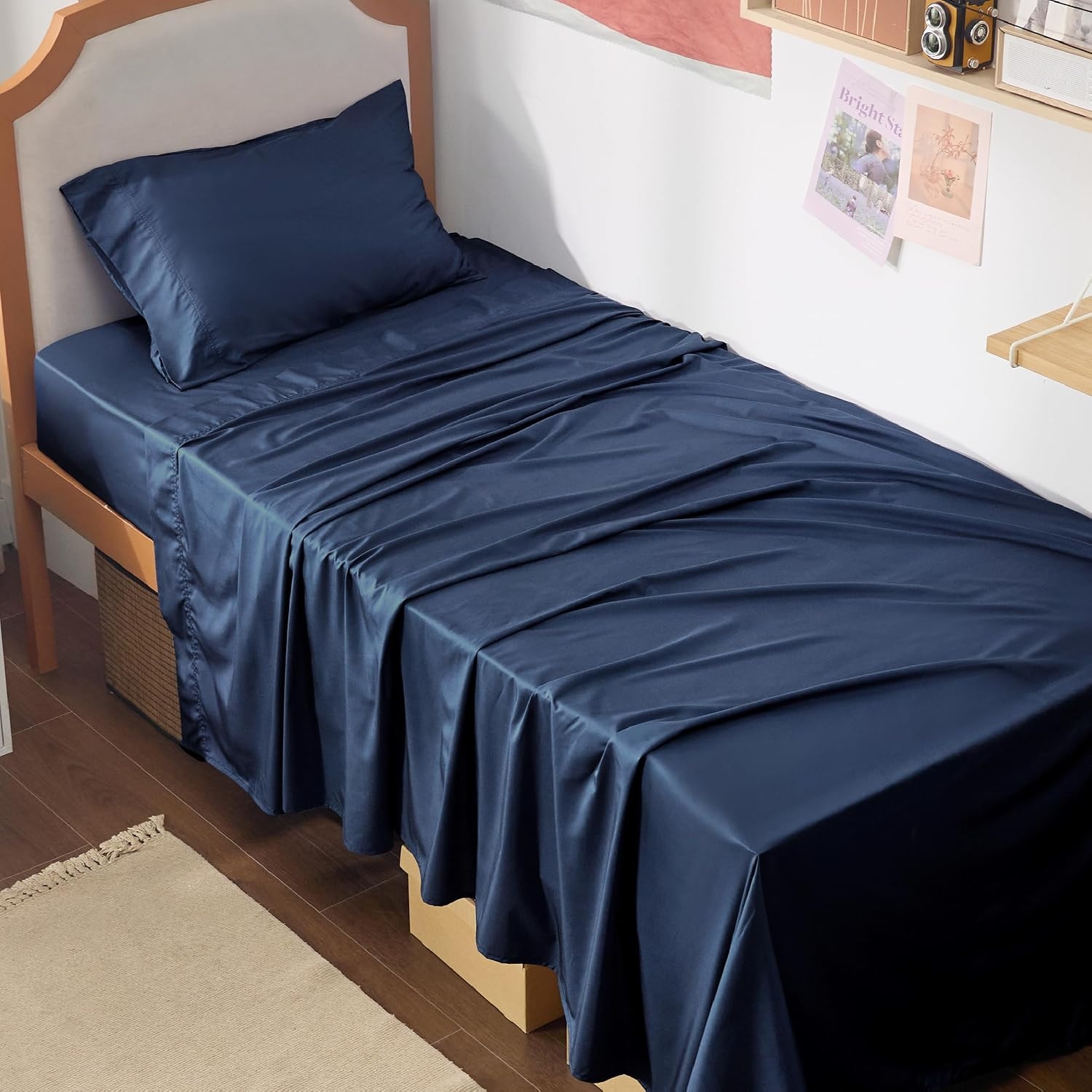 image:imageBedsure PureWoven 100 Rayon Derived from Bamboo Queen Sheets 4 Pieces Cooling Sheets for Hot Sleepers Breathable amp Silky Soft 16 Deep Pocket Hotel Luxury Bedding White07 Navy
