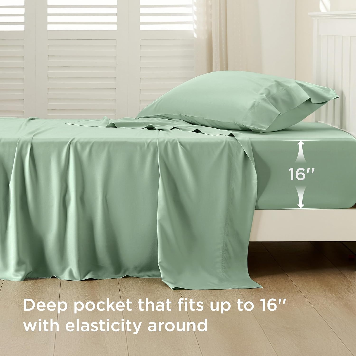 image:imageBedsure PureWoven 100 Rayon Derived from Bamboo Queen Sheets 4 Pieces Cooling Sheets for Hot Sleepers Breathable amp Silky Soft 16 Deep Pocket Hotel Luxury Bedding White10 Sage Green