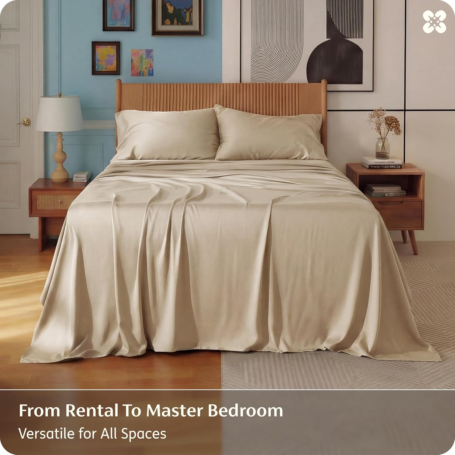 image:imageBedsure PureWoven 100 Rayon Derived from Bamboo Queen Sheets 4 Pieces Cooling Sheets for Hot Sleepers Breathable amp Silky Soft 16 Deep Pocket Hotel Luxury Bedding White03 Beige