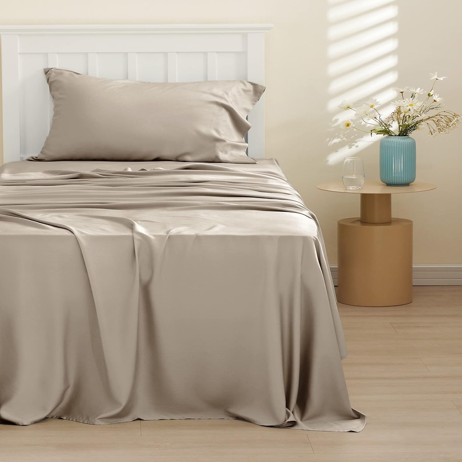 image:imageBedsure PureWoven 100 Rayon Derived from Bamboo Queen Sheets 4 Pieces Cooling Sheets for Hot Sleepers Breathable amp Silky Soft 16 Deep Pocket Hotel Luxury Bedding White17 Simply Taupe