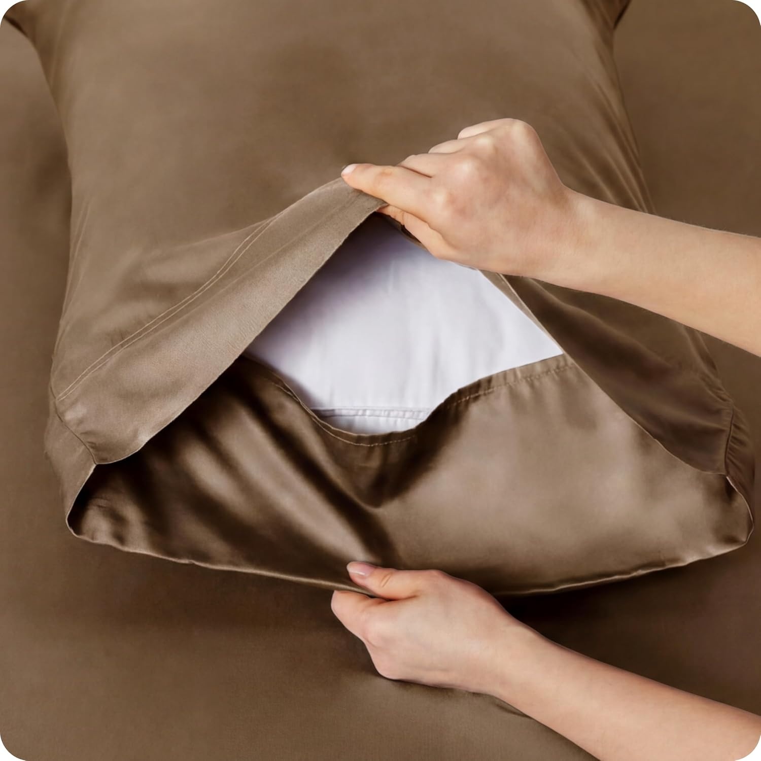 image:imageBedsure PureWoven 100 Rayon Derived from Bamboo Queen Sheets 4 Pieces Cooling Sheets for Hot Sleepers Breathable amp Silky Soft 16 Deep Pocket Hotel Luxury Bedding White28 Coffee