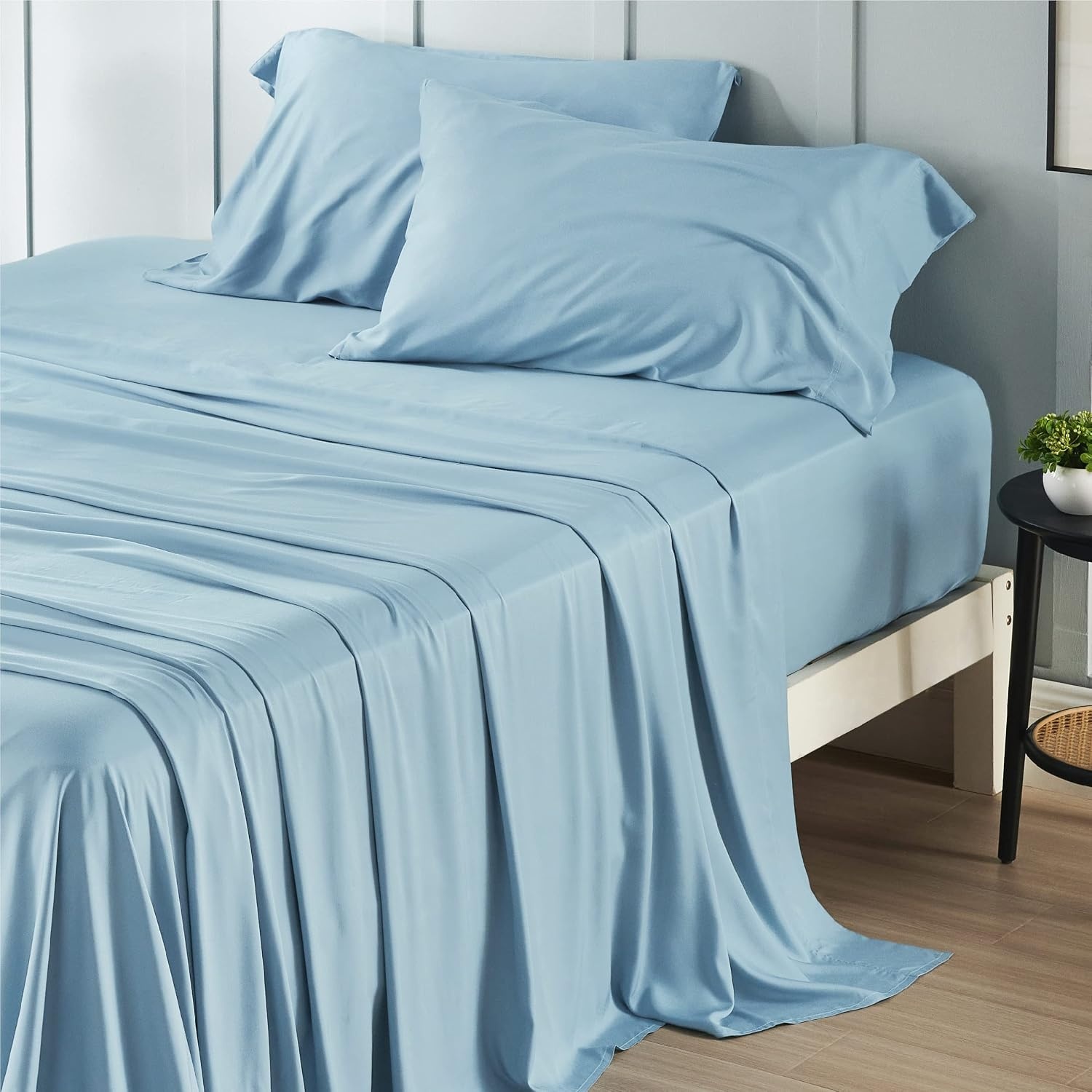 image:imageBedsure PureWoven 100 Rayon Derived from Bamboo Queen Sheets 4 Pieces Cooling Sheets for Hot Sleepers Breathable amp Silky Soft 16 Deep Pocket Hotel Luxury Bedding White08 Aqua