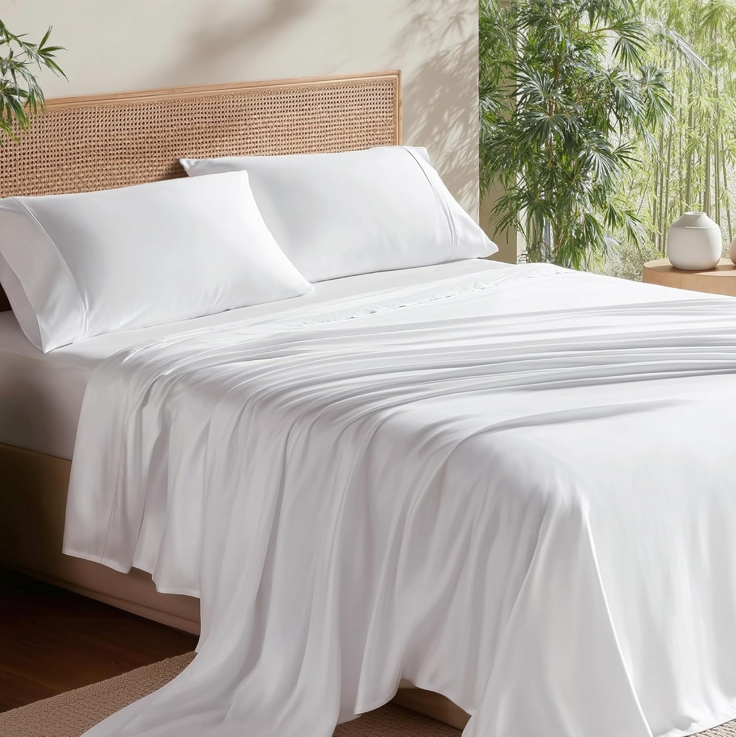 image:imageBedsure PureWoven 100 Rayon Derived from Bamboo Queen Sheets 4 Pieces Cooling Sheets for Hot Sleepers Breathable amp Silky Soft 16 Deep Pocket Hotel Luxury Bedding White02 White