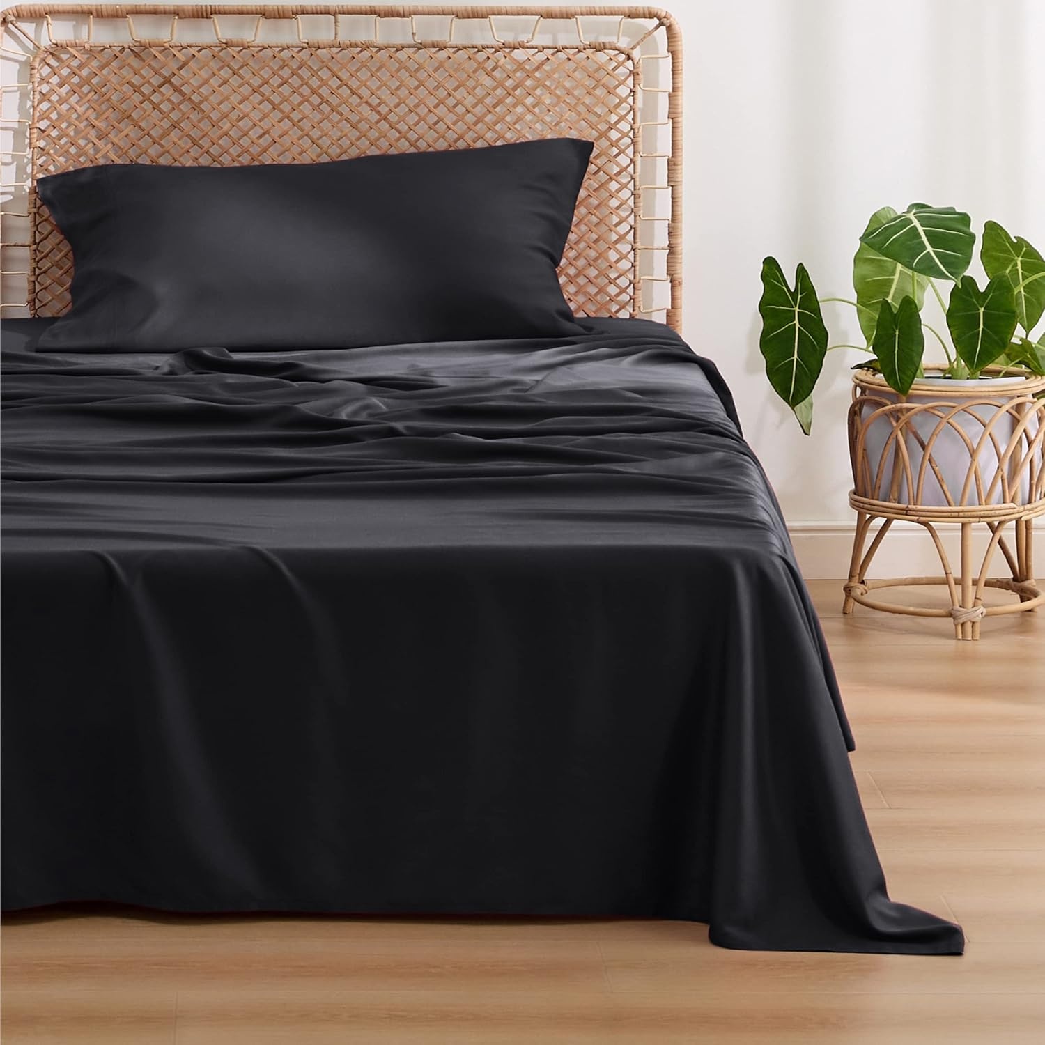 image:imageBedsure PureWoven 100 Rayon Derived from Bamboo Queen Sheets 4 Pieces Cooling Sheets for Hot Sleepers Breathable amp Silky Soft 16 Deep Pocket Hotel Luxury Bedding White09 Black