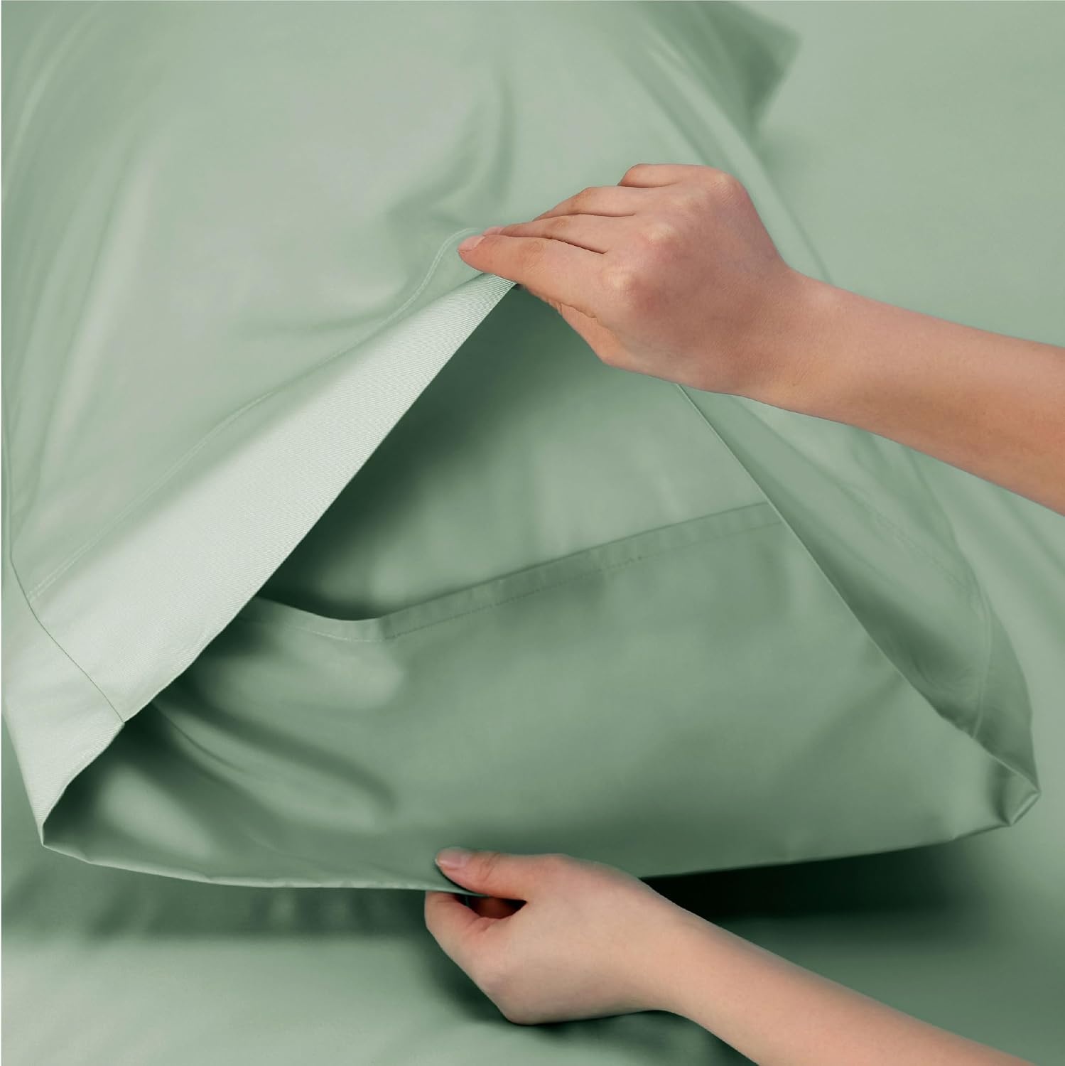 image:imageBedsure PureWoven 100 Rayon Derived from Bamboo Queen Sheets 4 Pieces Cooling Sheets for Hot Sleepers Breathable amp Silky Soft 16 Deep Pocket Hotel Luxury Bedding White10 Sage Green