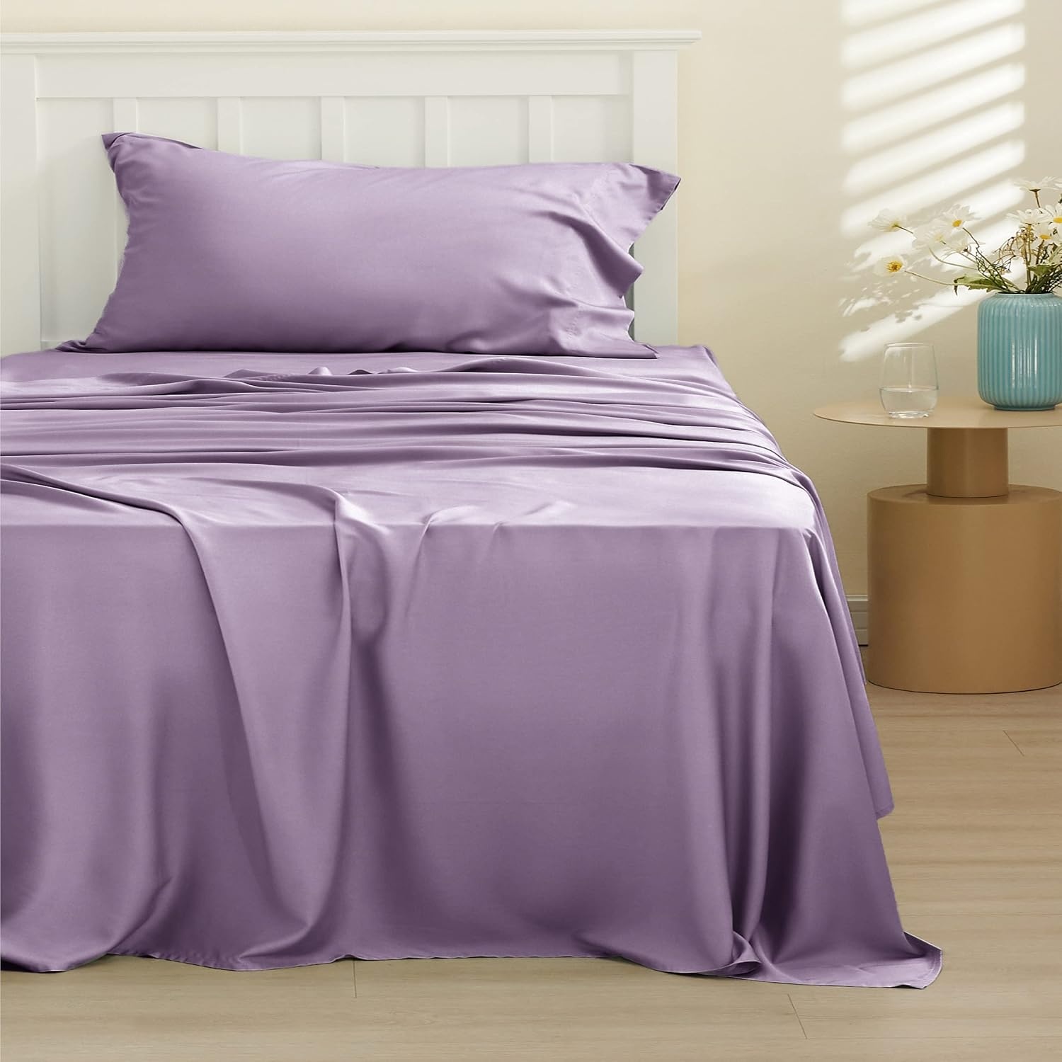 image:imageBedsure PureWoven 100 Rayon Derived from Bamboo Queen Sheets 4 Pieces Cooling Sheets for Hot Sleepers Breathable amp Silky Soft 16 Deep Pocket Hotel Luxury Bedding White13 Lilac