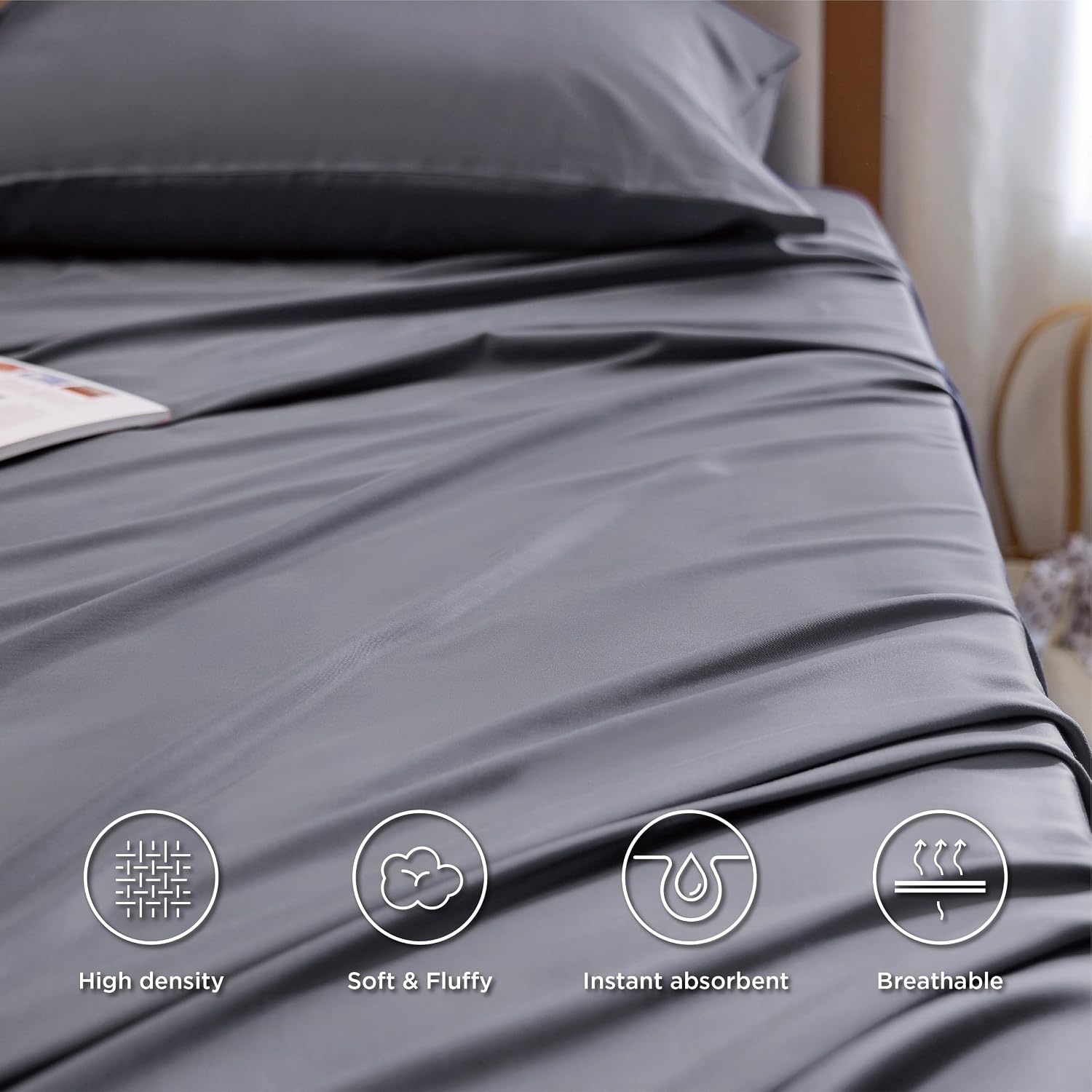 image:imageBedsure PureWoven 100 Rayon Derived from Bamboo Queen Sheets 4 Pieces Cooling Sheets for Hot Sleepers Breathable amp Silky Soft 16 Deep Pocket Hotel Luxury Bedding White01 Dark Grey