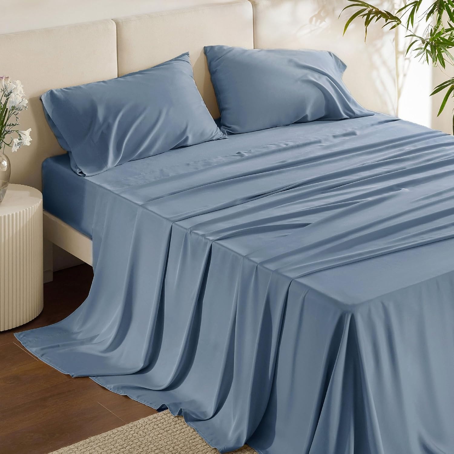 image:imageBedsure PureWoven 100 Rayon Derived from Bamboo Queen Sheets 4 Pieces Cooling Sheets for Hot Sleepers Breathable amp Silky Soft 16 Deep Pocket Hotel Luxury Bedding White05 Dusty Blue