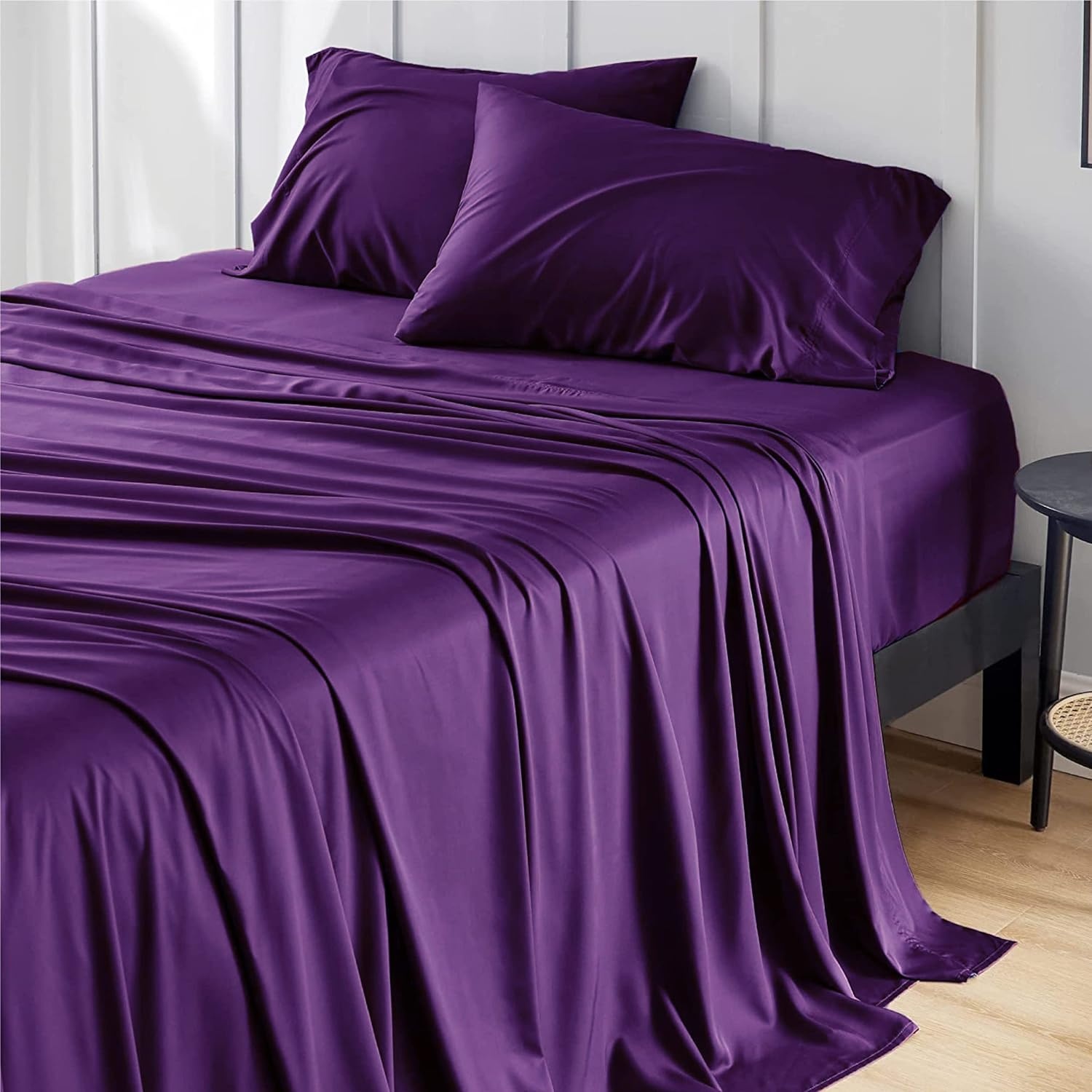 image:imageBedsure PureWoven 100 Rayon Derived from Bamboo Queen Sheets 4 Pieces Cooling Sheets for Hot Sleepers Breathable amp Silky Soft 16 Deep Pocket Hotel Luxury Bedding White14 Plum