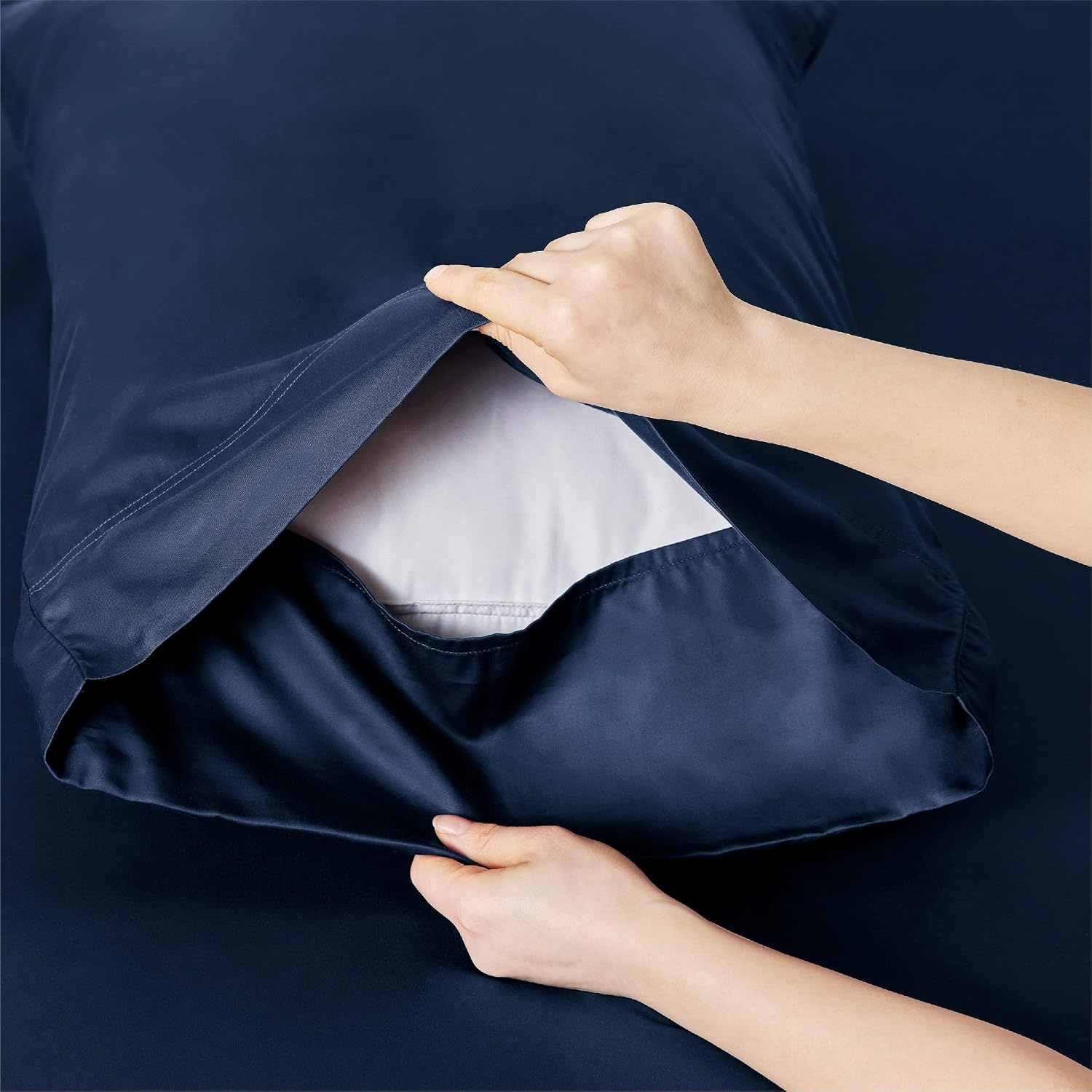 image:imageBedsure PureWoven 100 Rayon Derived from Bamboo Queen Sheets 4 Pieces Cooling Sheets for Hot Sleepers Breathable amp Silky Soft 16 Deep Pocket Hotel Luxury Bedding White07 Navy
