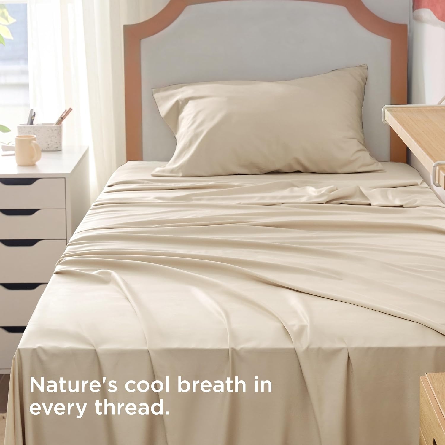 image:imageBedsure PureWoven 100 Rayon Derived from Bamboo Queen Sheets 4 Pieces Cooling Sheets for Hot Sleepers Breathable amp Silky Soft 16 Deep Pocket Hotel Luxury Bedding White03 Beige
