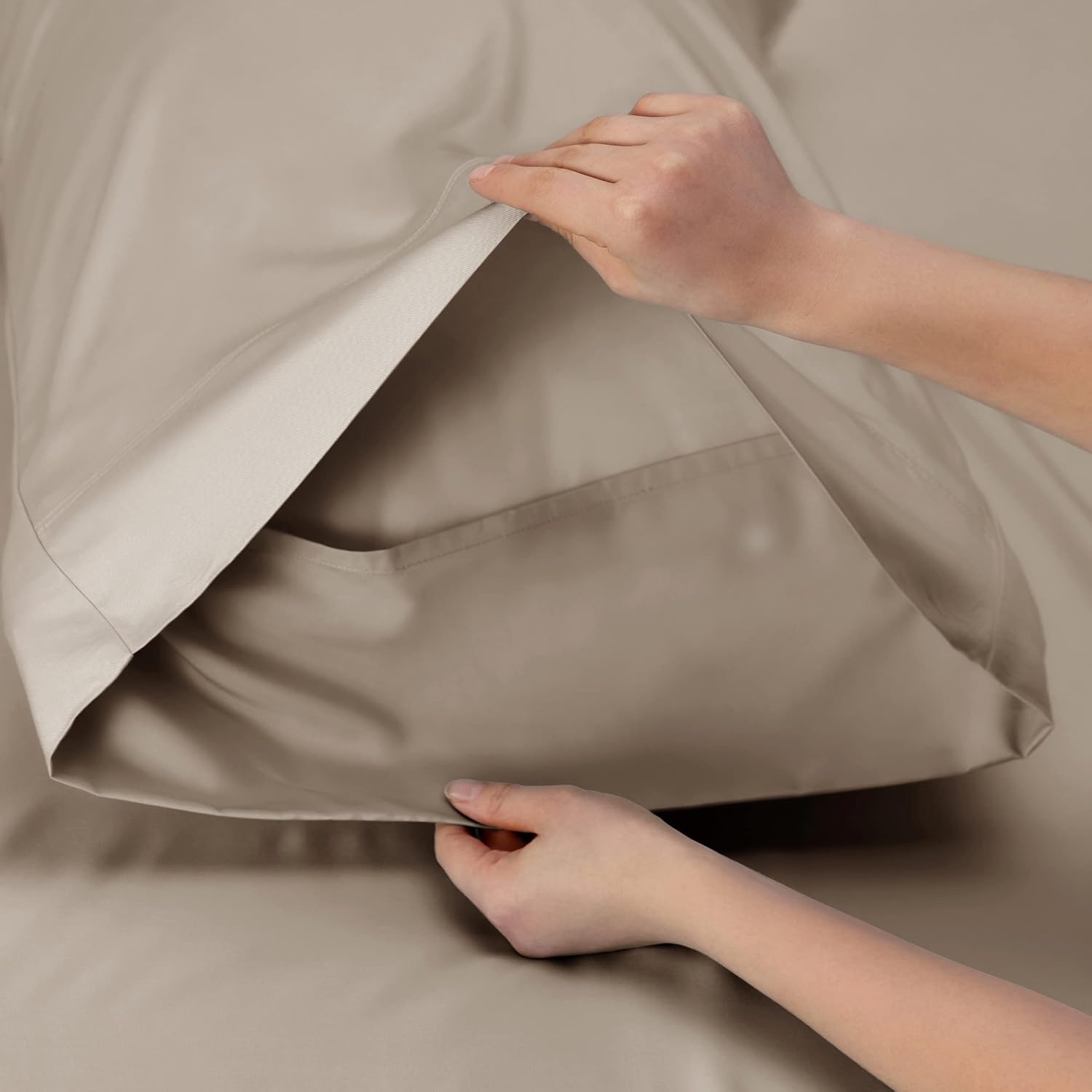 image:imageBedsure PureWoven 100 Rayon Derived from Bamboo Queen Sheets 4 Pieces Cooling Sheets for Hot Sleepers Breathable amp Silky Soft 16 Deep Pocket Hotel Luxury Bedding White17 Simply Taupe