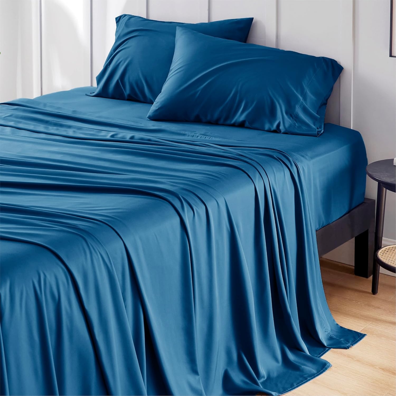 image:imageBedsure PureWoven 100 Rayon Derived from Bamboo Queen Sheets 4 Pieces Cooling Sheets for Hot Sleepers Breathable amp Silky Soft 16 Deep Pocket Hotel Luxury Bedding White06 Teal