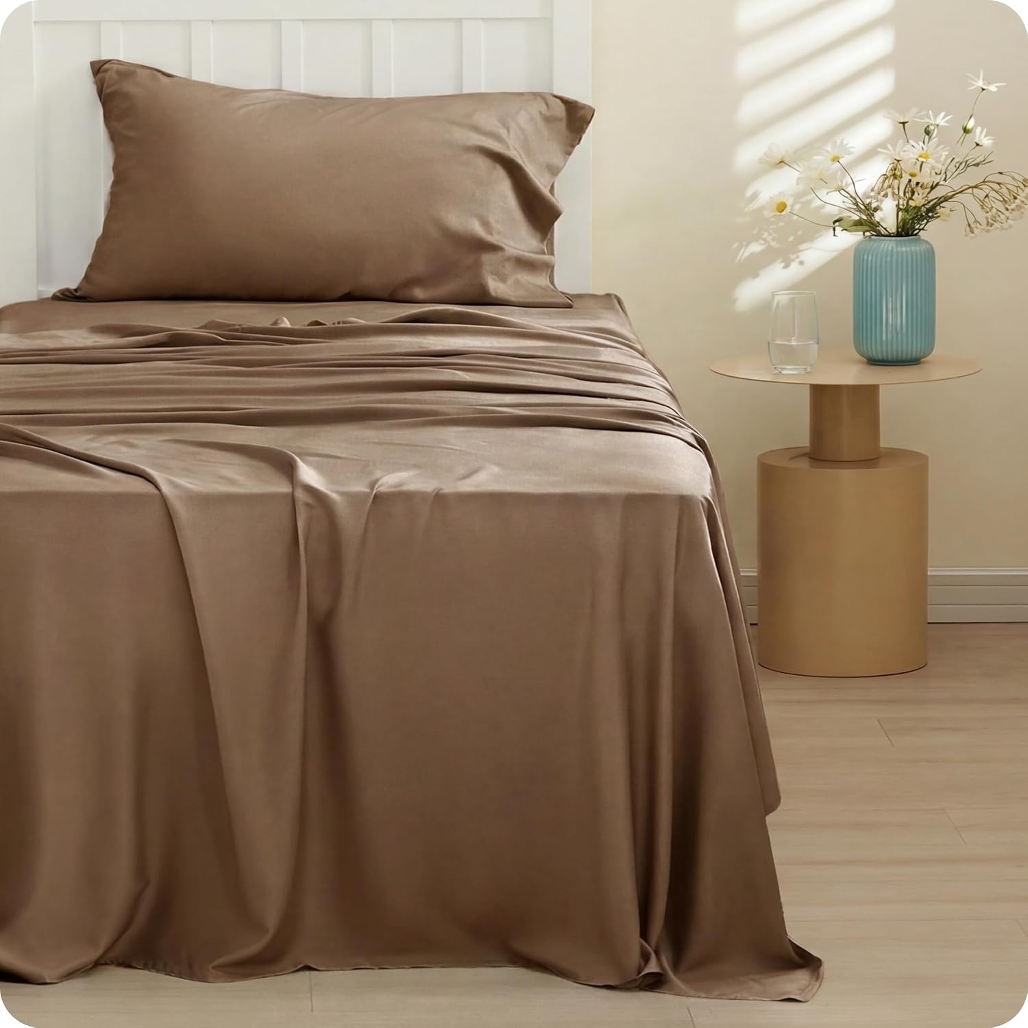 image:imageBedsure PureWoven 100 Rayon Derived from Bamboo Queen Sheets 4 Pieces Cooling Sheets for Hot Sleepers Breathable amp Silky Soft 16 Deep Pocket Hotel Luxury Bedding White28 Coffee