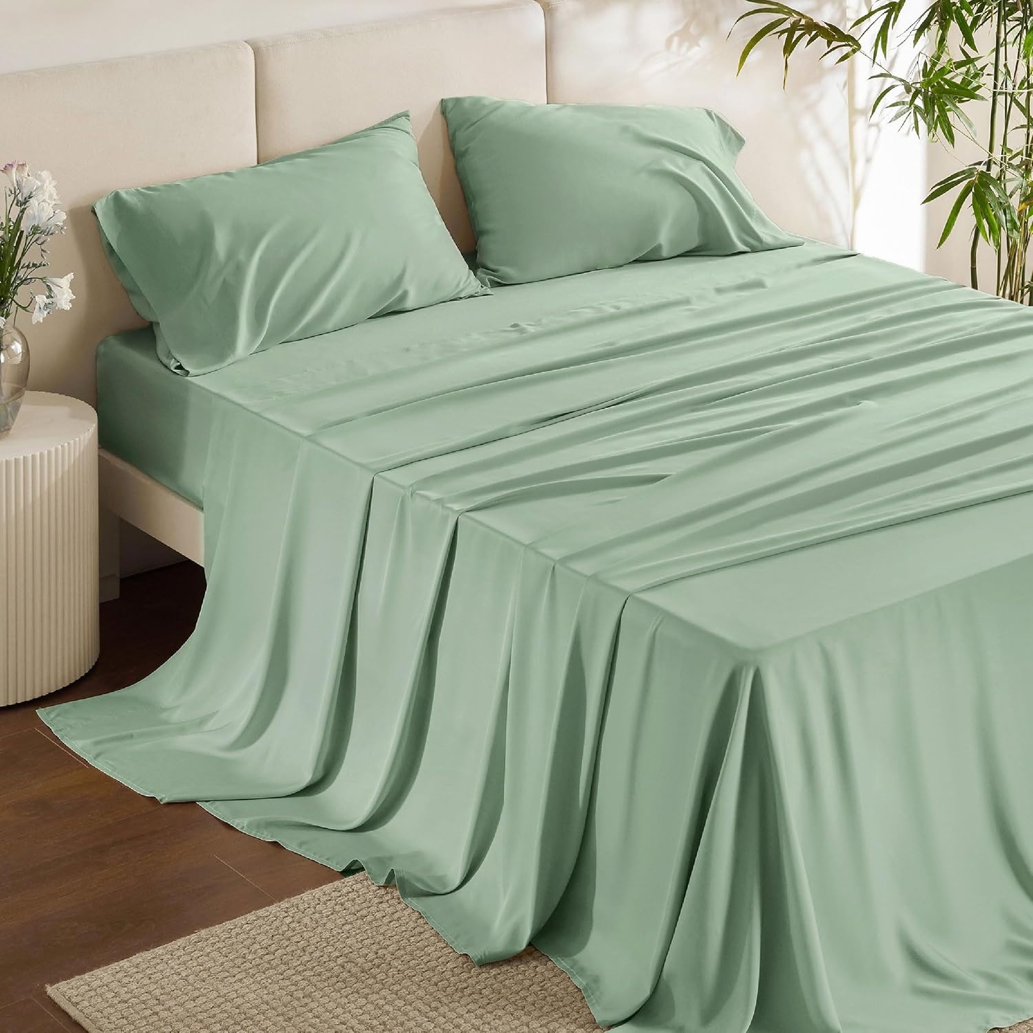 image:imageBedsure PureWoven 100 Rayon Derived from Bamboo Queen Sheets 4 Pieces Cooling Sheets for Hot Sleepers Breathable amp Silky Soft 16 Deep Pocket Hotel Luxury Bedding White10 Sage Green