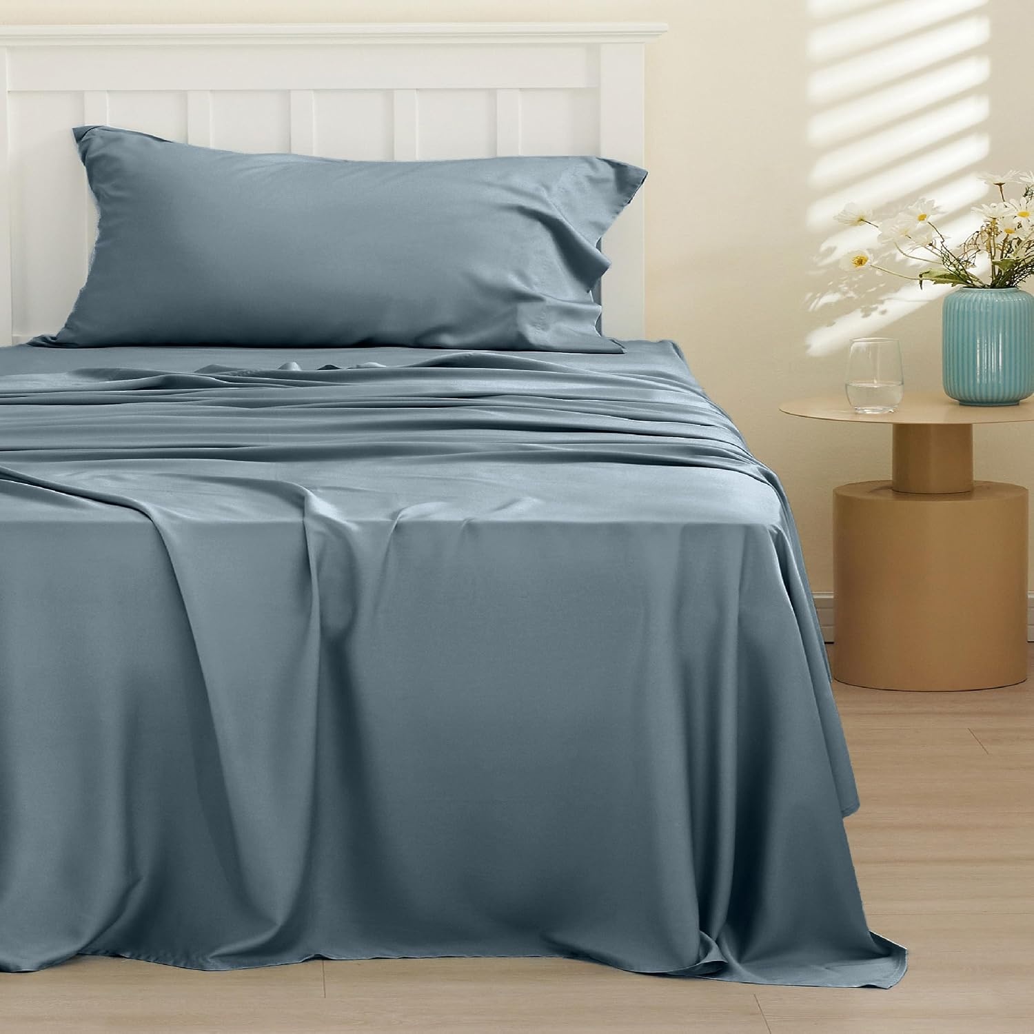 image:imageBedsure PureWoven 100 Rayon Derived from Bamboo Queen Sheets 4 Pieces Cooling Sheets for Hot Sleepers Breathable amp Silky Soft 16 Deep Pocket Hotel Luxury Bedding White05 Dusty Blue