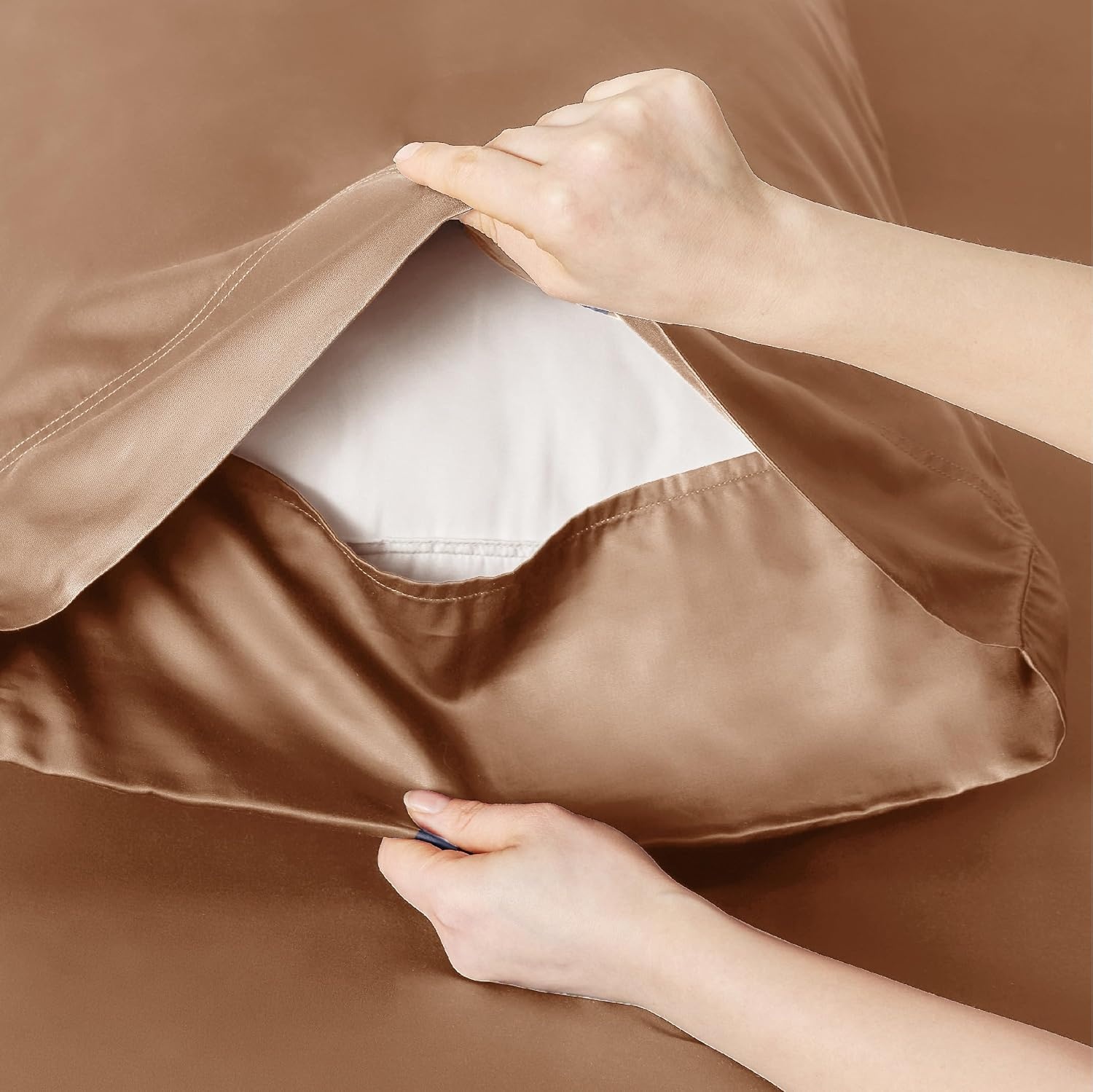 image:imageBedsure PureWoven 100 Rayon Derived from Bamboo Queen Sheets 4 Pieces Cooling Sheets for Hot Sleepers Breathable amp Silky Soft 16 Deep Pocket Hotel Luxury Bedding White24 Khaki