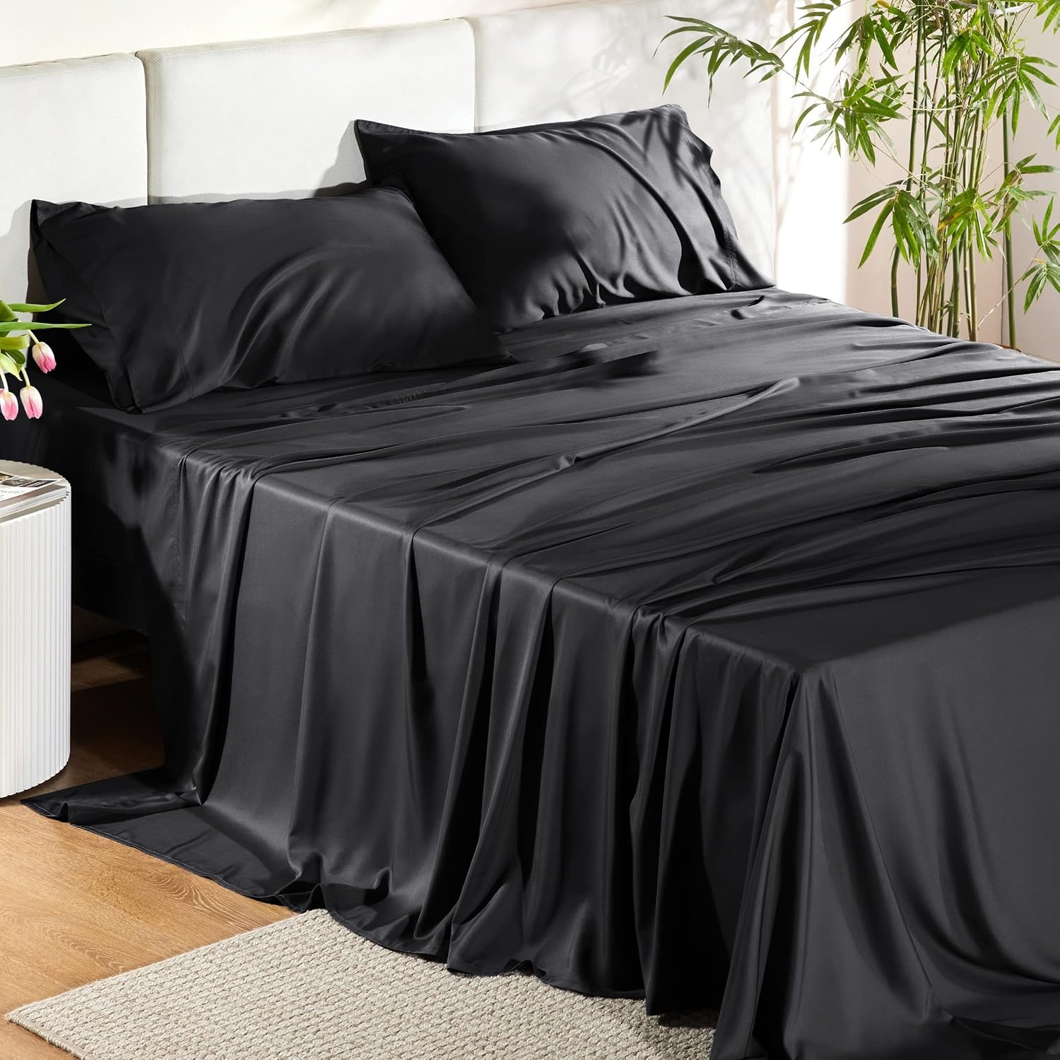 image:imageBedsure PureWoven 100 Rayon Derived from Bamboo Queen Sheets 4 Pieces Cooling Sheets for Hot Sleepers Breathable amp Silky Soft 16 Deep Pocket Hotel Luxury Bedding White09 Black