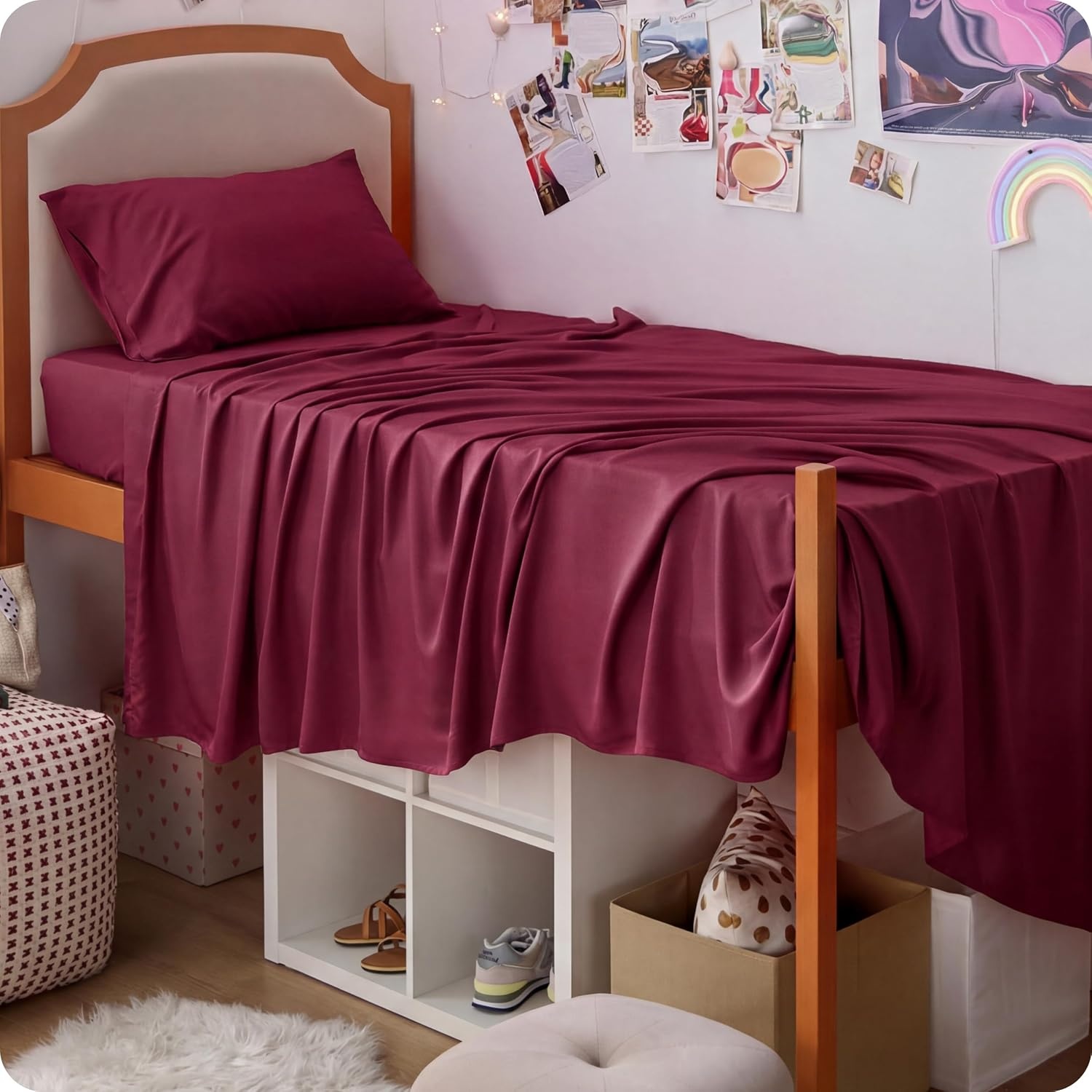 image:imageBedsure PureWoven 100 Rayon Derived from Bamboo Queen Sheets 4 Pieces Cooling Sheets for Hot Sleepers Breathable amp Silky Soft 16 Deep Pocket Hotel Luxury Bedding White15 Burgundy