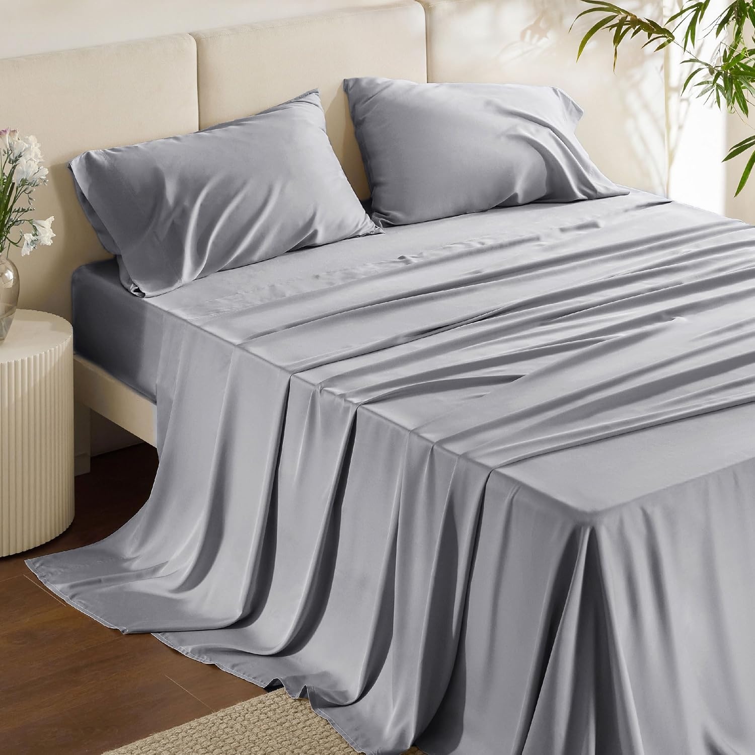 image:imageBedsure PureWoven 100 Rayon Derived from Bamboo Queen Sheets 4 Pieces Cooling Sheets for Hot Sleepers Breathable amp Silky Soft 16 Deep Pocket Hotel Luxury Bedding White04 Silver Grey
