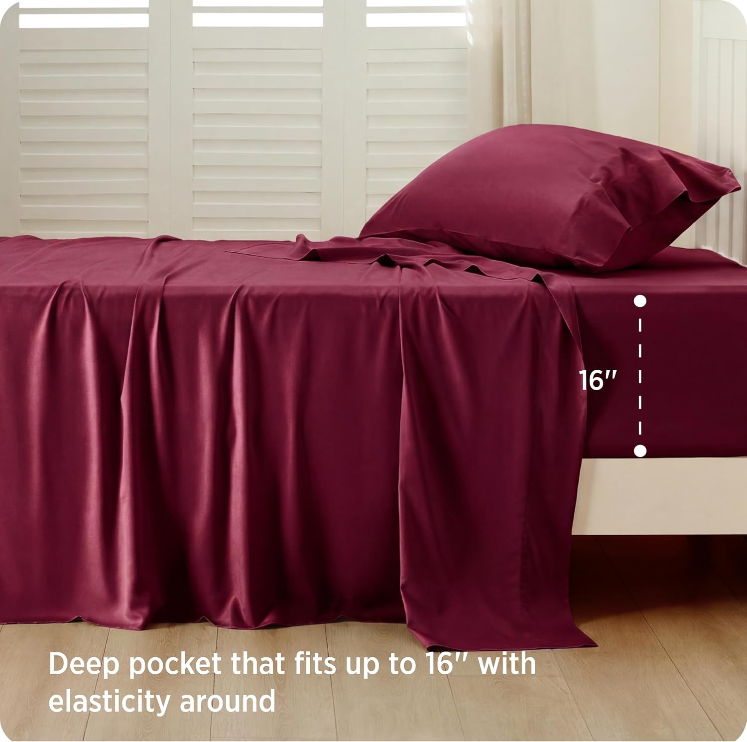 image:imageBedsure PureWoven 100 Rayon Derived from Bamboo Queen Sheets 4 Pieces Cooling Sheets for Hot Sleepers Breathable amp Silky Soft 16 Deep Pocket Hotel Luxury Bedding White15 Burgundy