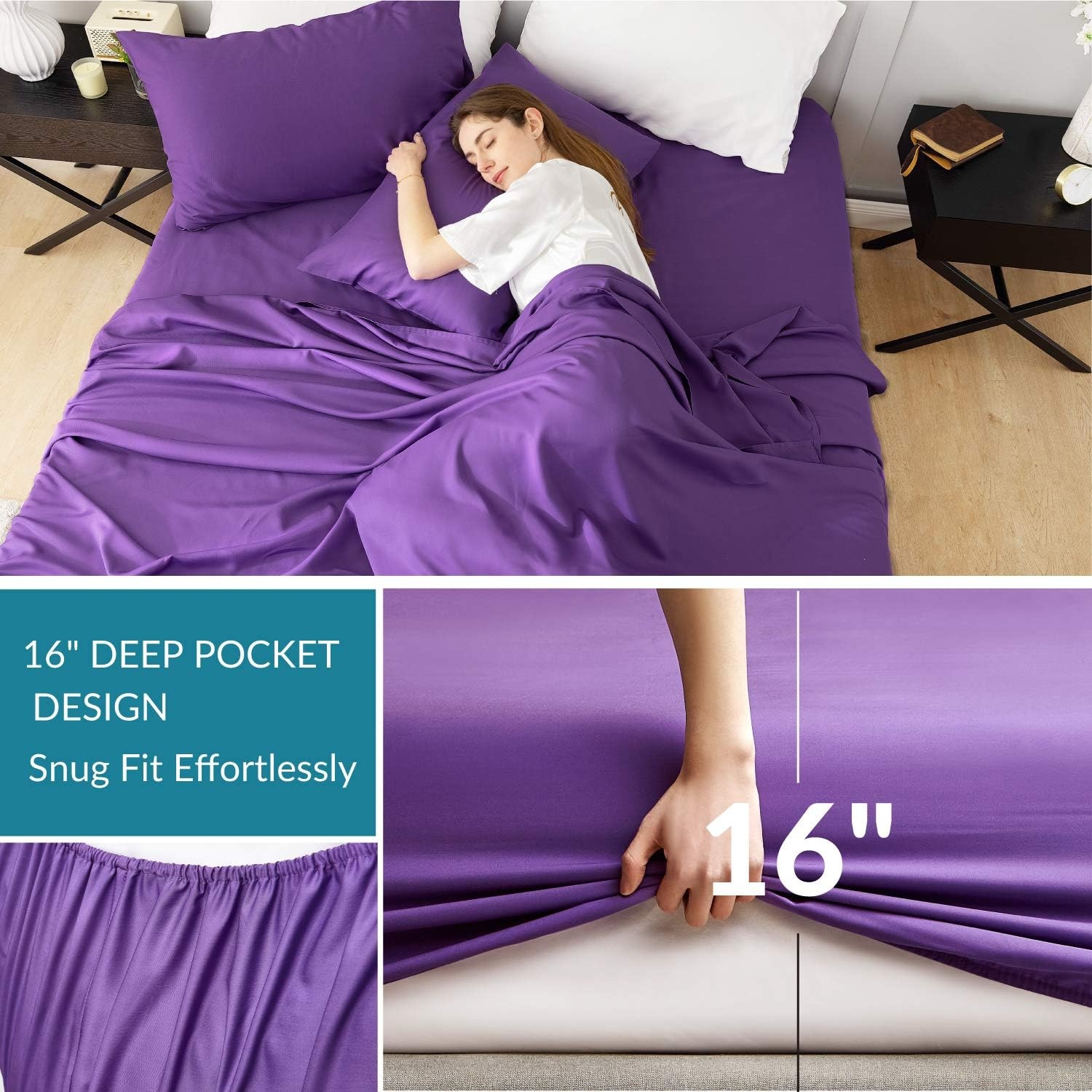 image:imageBedsure PureWoven 100 Rayon Derived from Bamboo Queen Sheets 4 Pieces Cooling Sheets for Hot Sleepers Breathable amp Silky Soft 16 Deep Pocket Hotel Luxury Bedding WhitePurple