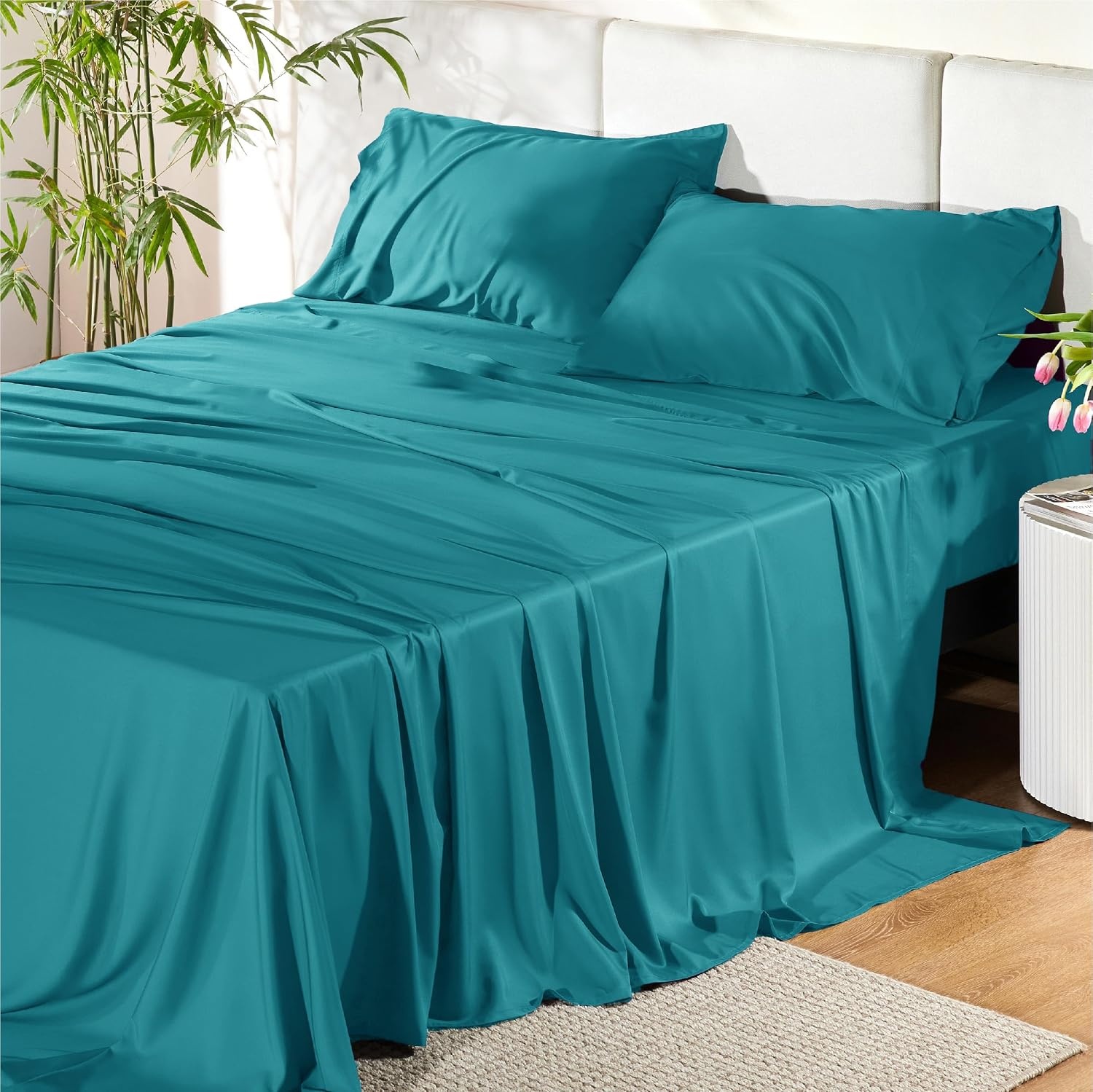 image:imageBedsure PureWoven 100 Rayon Derived from Bamboo Queen Sheets 4 Pieces Cooling Sheets for Hot Sleepers Breathable amp Silky Soft 16 Deep Pocket Hotel Luxury Bedding White18 Turquoise