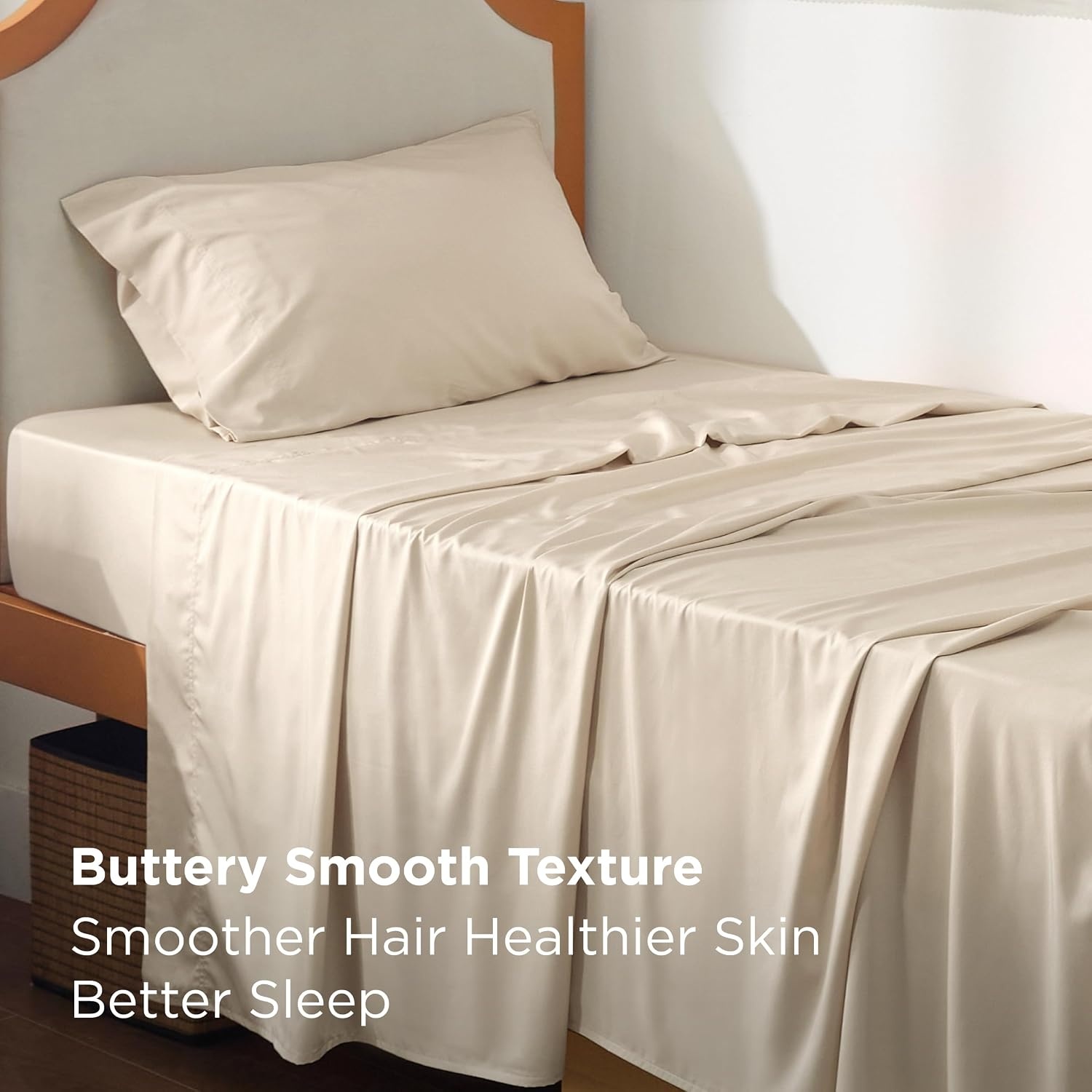 image:imageBedsure PureWoven 100 Rayon Derived from Bamboo Queen Sheets 4 Pieces Cooling Sheets for Hot Sleepers Breathable amp Silky Soft 16 Deep Pocket Hotel Luxury Bedding White03 Beige