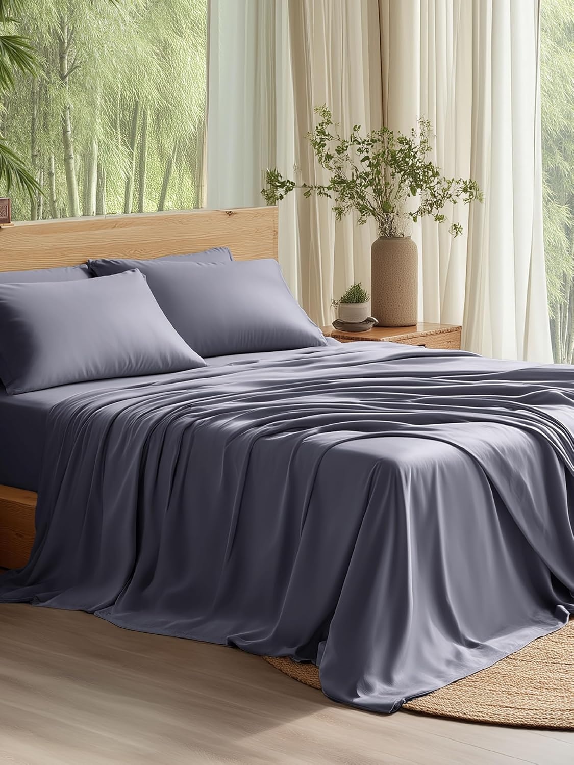 image:imageBedsure PureWoven 100 Rayon Derived from Bamboo Queen Sheets 4 Pieces Cooling Sheets for Hot Sleepers Breathable amp Silky Soft 16 Deep Pocket Hotel Luxury Bedding White01 Dark Grey