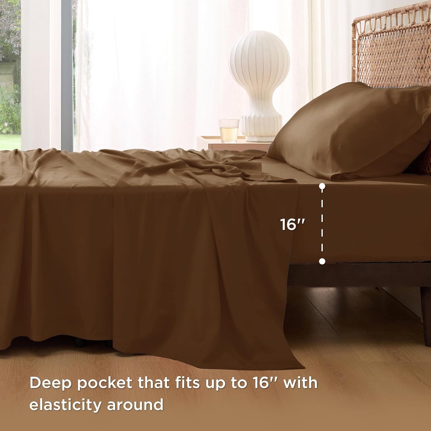 image:imageBedsure PureWoven 100 Rayon Derived from Bamboo Queen Sheets 4 Pieces Cooling Sheets for Hot Sleepers Breathable amp Silky Soft 16 Deep Pocket Hotel Luxury Bedding White20 Brown