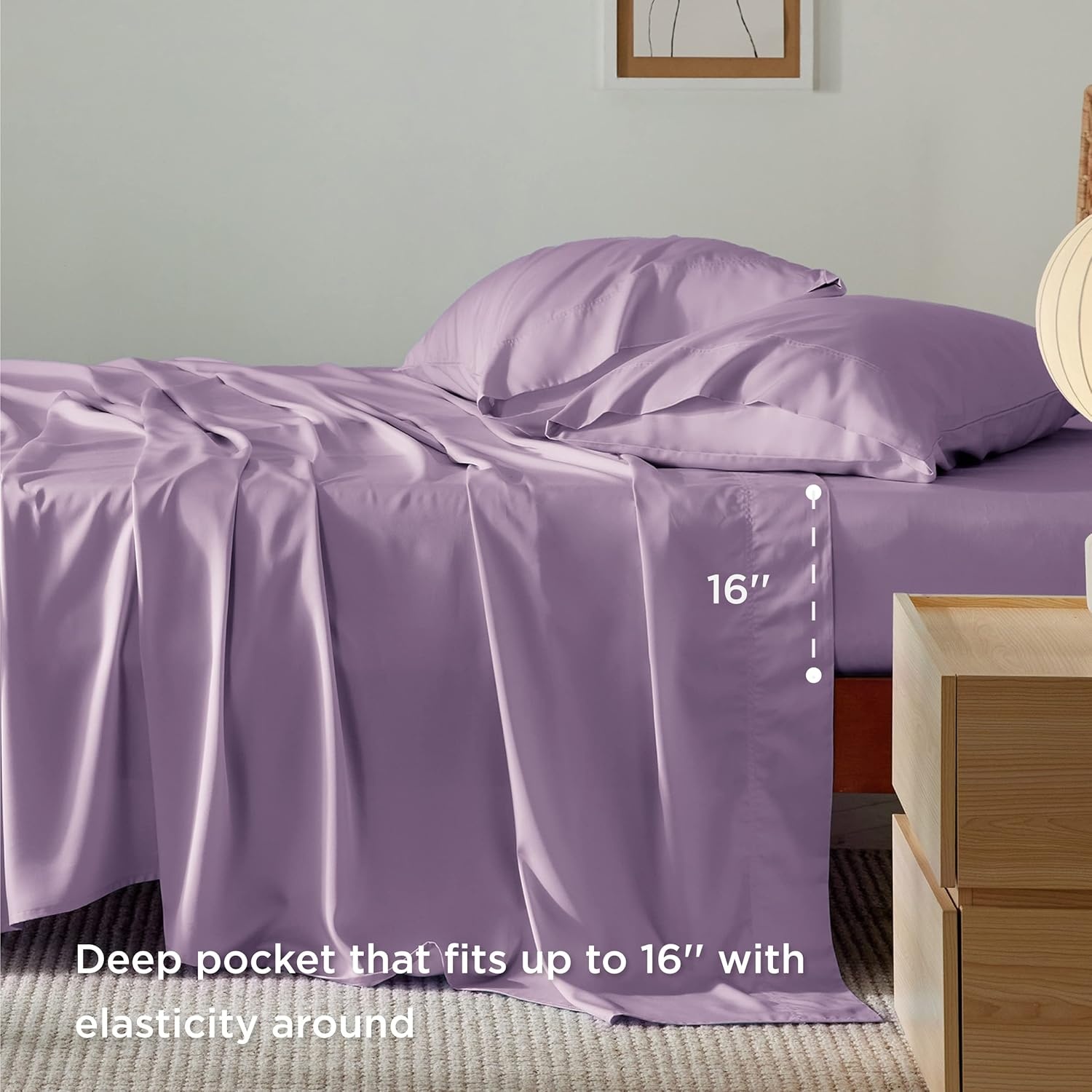 image:imageBedsure PureWoven 100 Rayon Derived from Bamboo Queen Sheets 4 Pieces Cooling Sheets for Hot Sleepers Breathable amp Silky Soft 16 Deep Pocket Hotel Luxury Bedding White13 Lilac